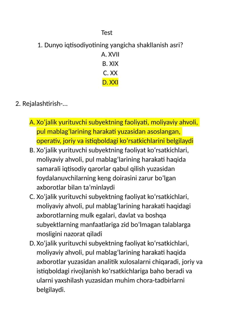 moliyaviy tahlil test javoblari