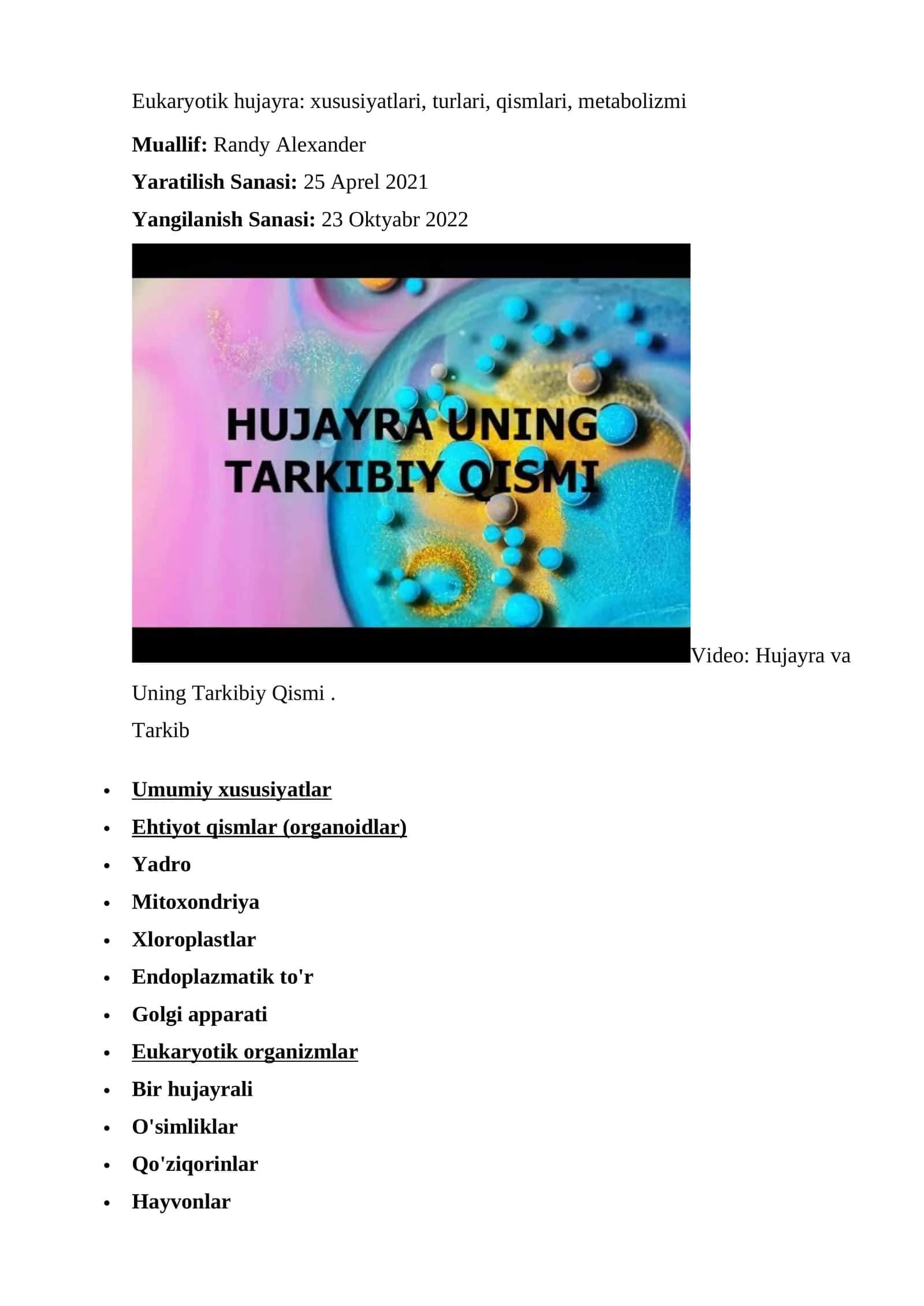 Eukaryotik hujayra: xususiyatlari, turlari, qismlari, metabolizmi