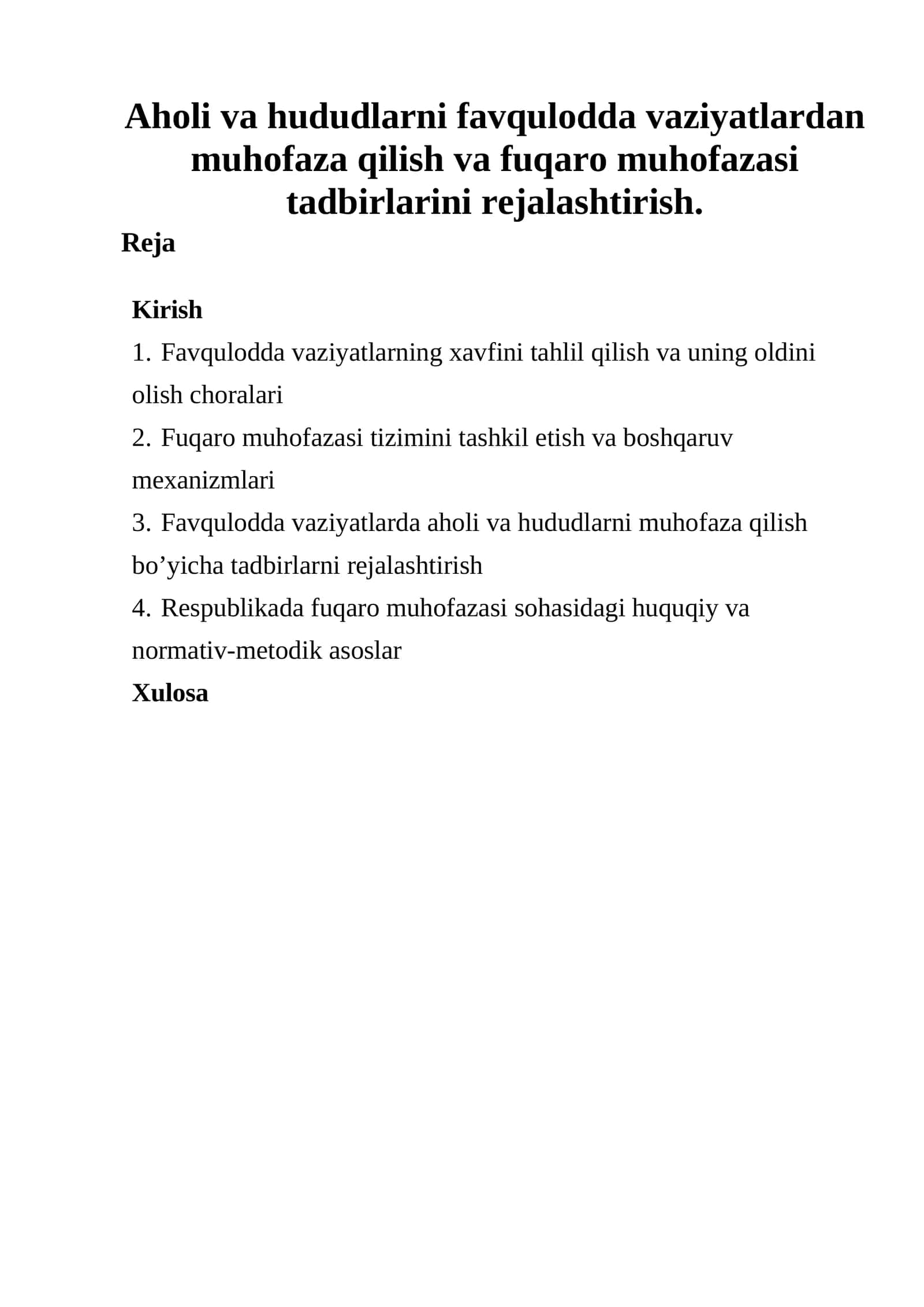 Aholi va hududlarni favqulodda vaziyatlardan muhofaza qilish va fuqaro muhofazasi tadbirlarini rejalashtirish