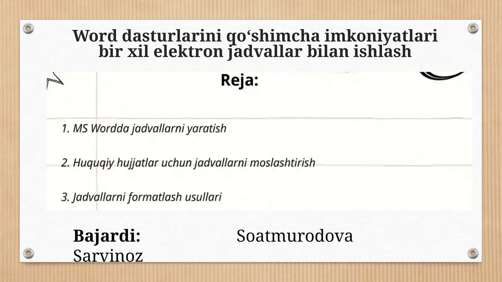 Word dasturlarini qoʻshimcha imkoniyatlari bir xil elektron jadvallar bilan ishlash