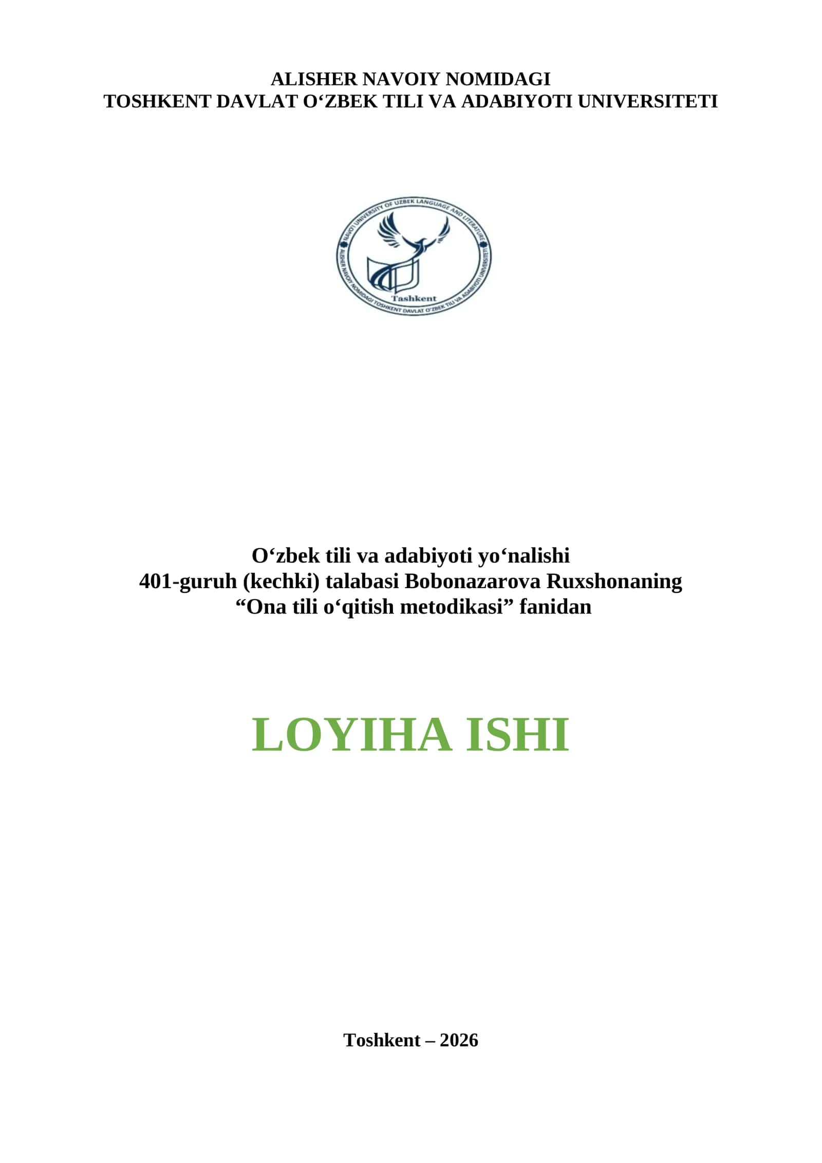 Ona tili o‘qitish metodikasidan loyiha ishi