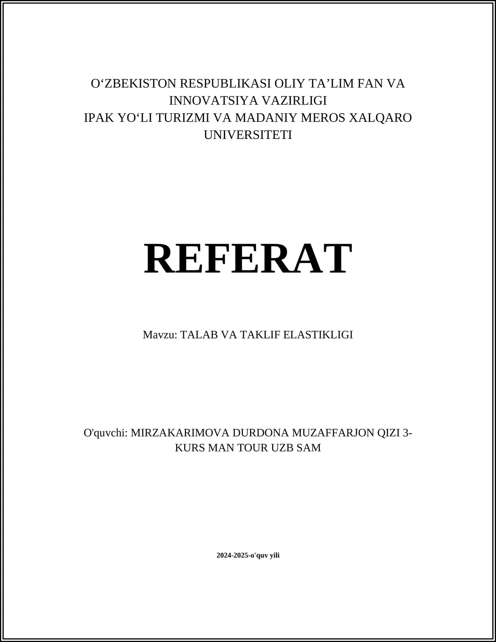 TALAB VA TAKLIF ELASTIKLIGI