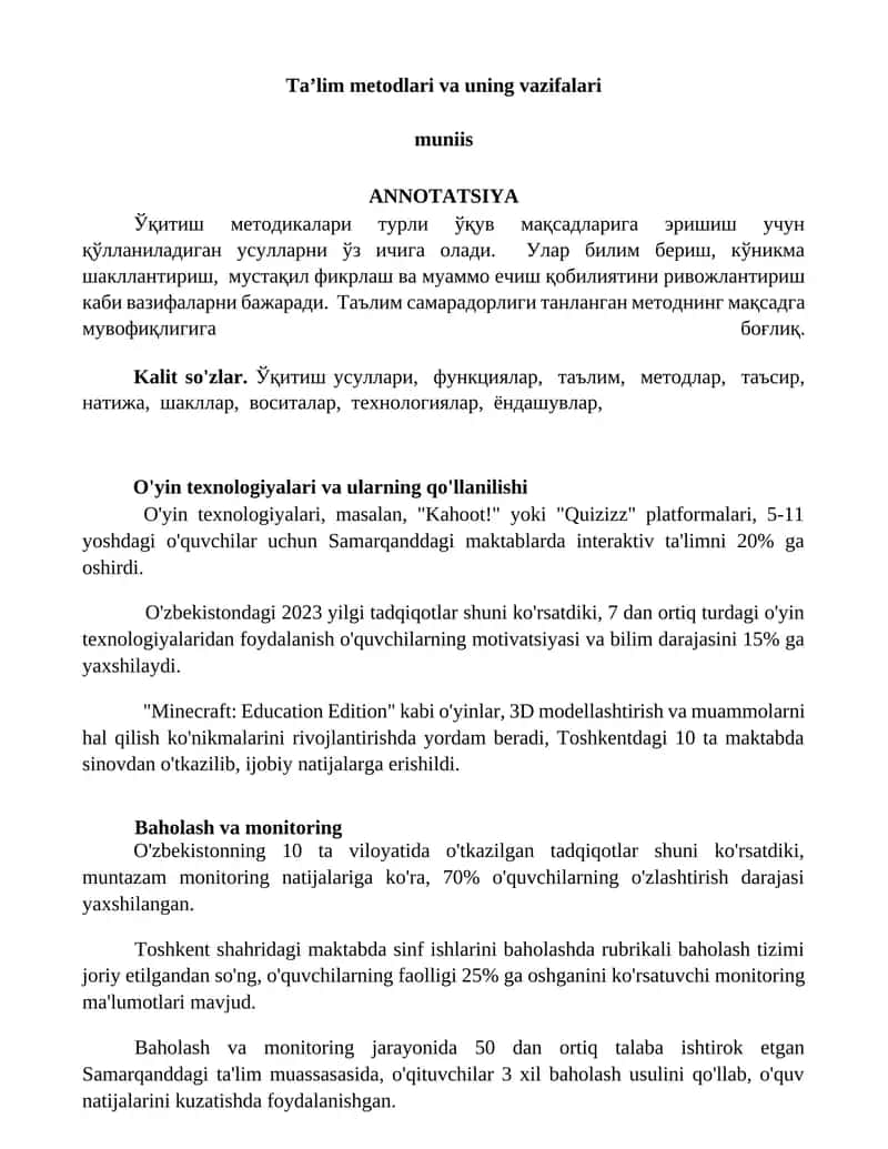 O'yin texnologiyalari va ularning qo'llanilishi