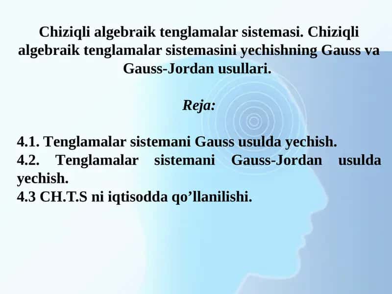 Chiziqli algebraik tenglamalar sistemasi. Chiziqli algebraik tenglamalar sistemasini yechishning Gauss va Gauss-Jordan usullari.