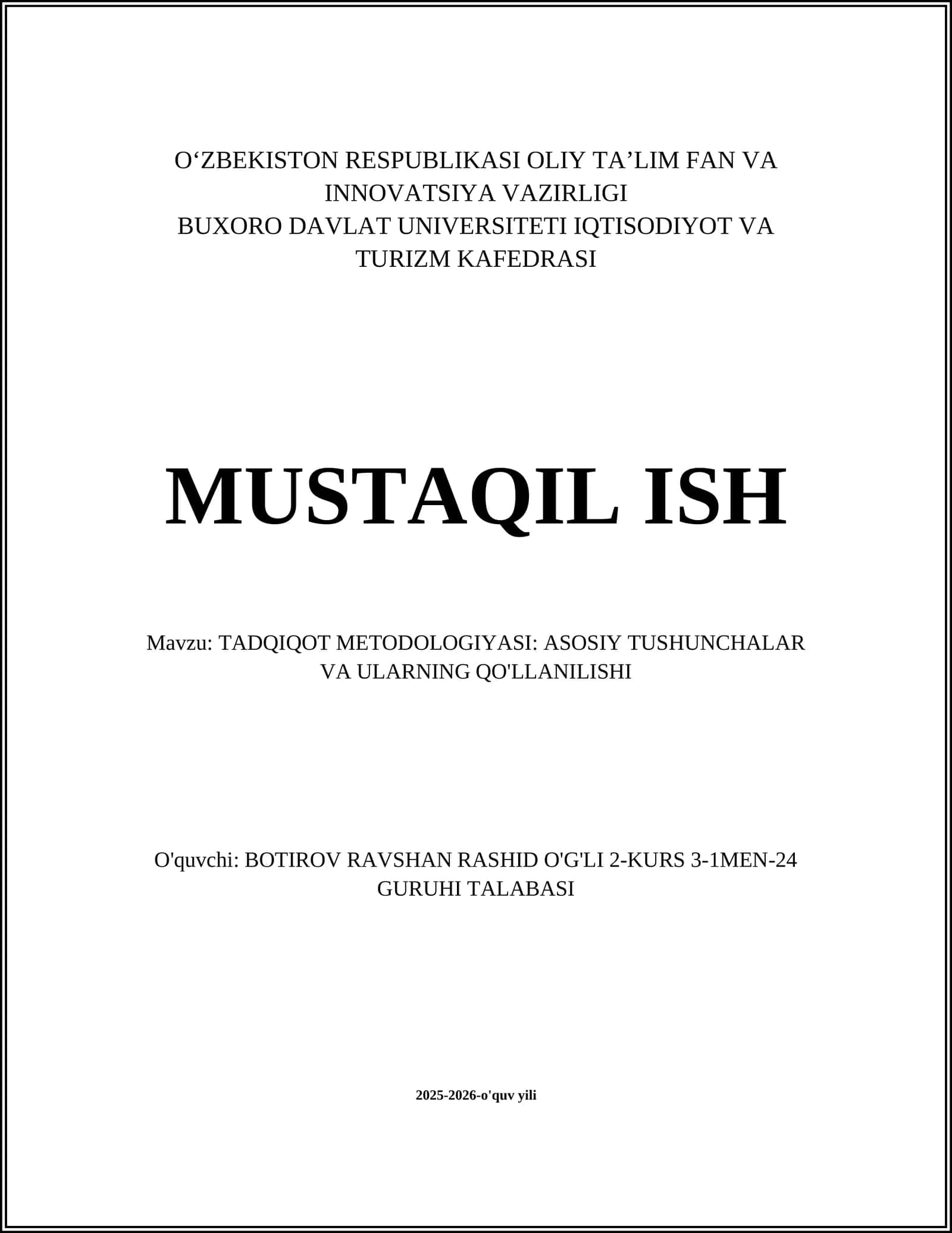 TADQIQOT METODOLOGIYASI: ASOSIY TUSHUNCHALAR VA ULARNING QO'LLANILISHI