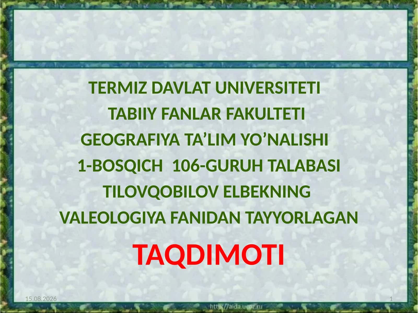 Insonekologiyasi haqidazamonaviytasavvur Ekologikvaleologiyasibiogenjihatlar Ekologikvaleologiyasotsiogenjihatlar Insonfaoliyatsub’ektisifatida Adabtivo’zgarishlarvasalomatlikningbahosi EKOLOGIK VALEOLOGIYA MUAMMOLARI Valeologiya sohalari (yo`nalishlari)