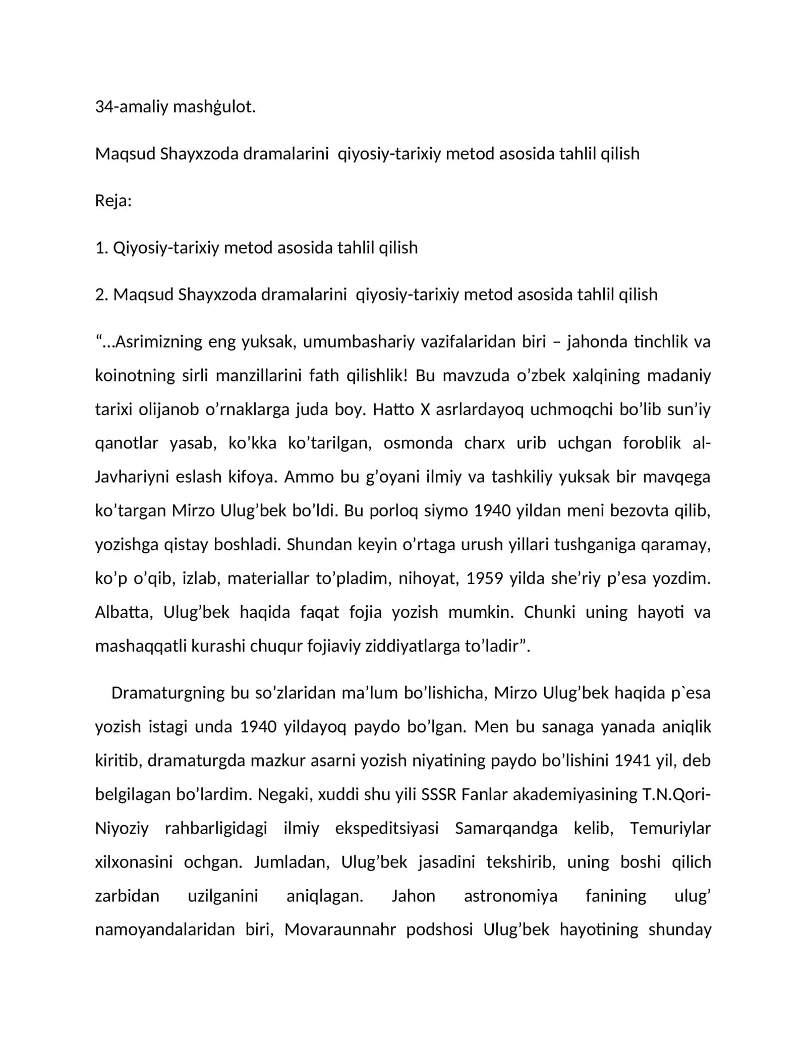 Maqsud Shayxzoda dramalarini qiyosiy-tarixiy metod asosida tahlil qilish