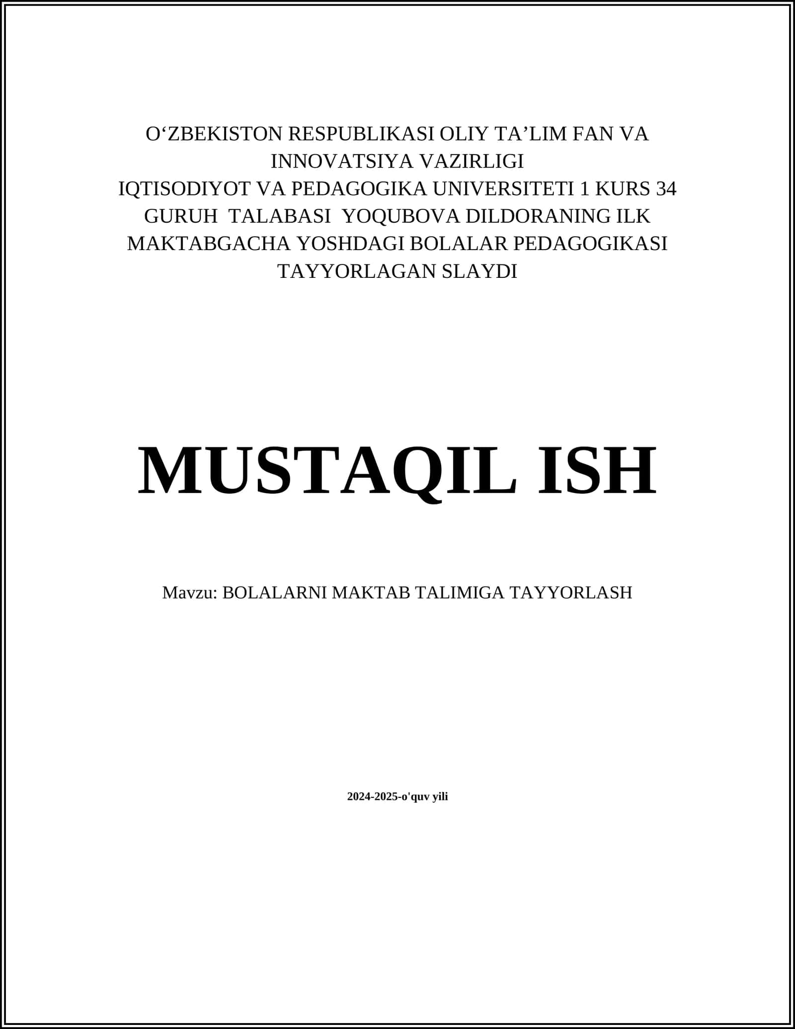 BOLALARNI MAKTAB TALIMIGA TAYYORLASH