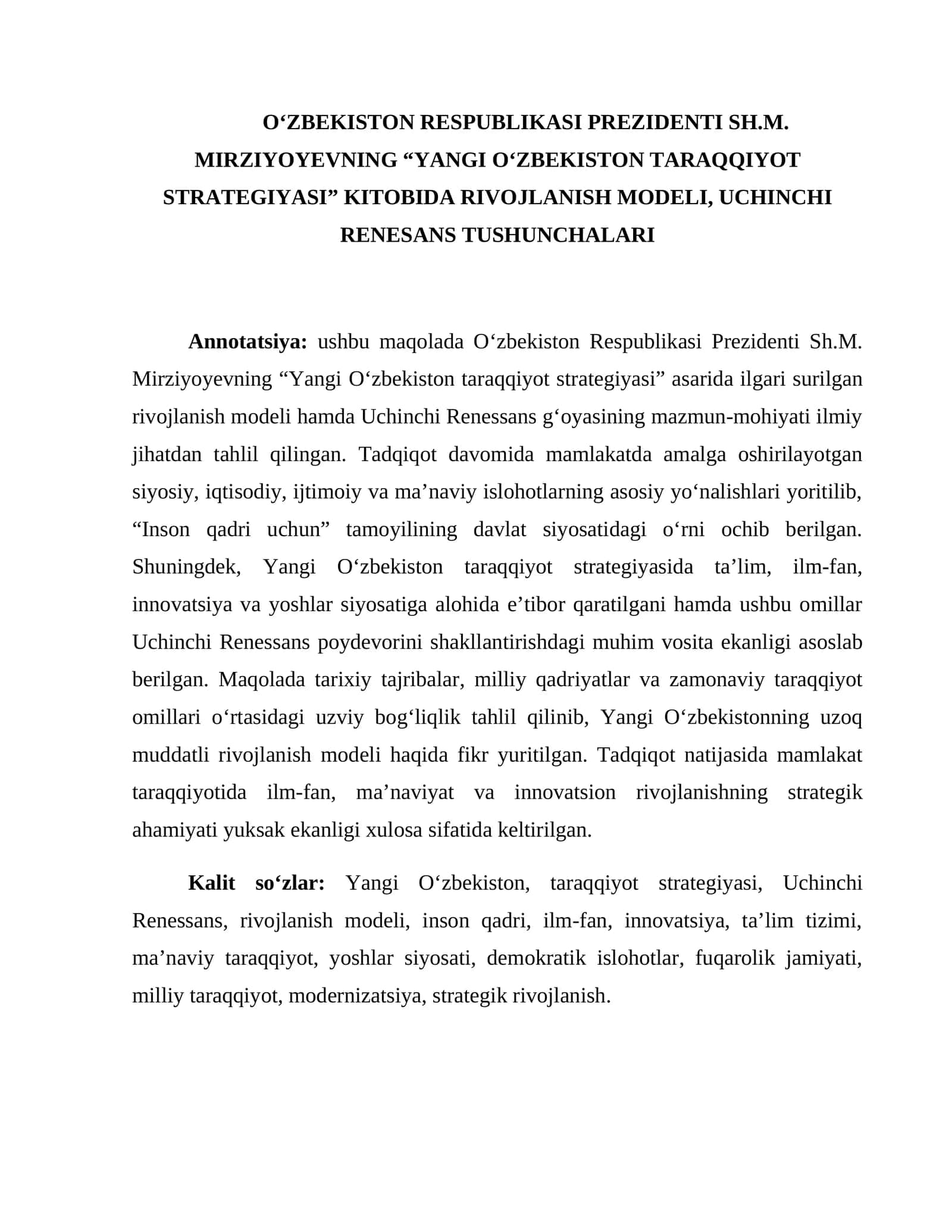 “YANGI O‘ZBEKISTON TARAQQIYOT STRATEGIYASI” KITOBIDA RIVOJLANISH MODELI, UCHINCHI RENESANS TUSHUNCHALARI