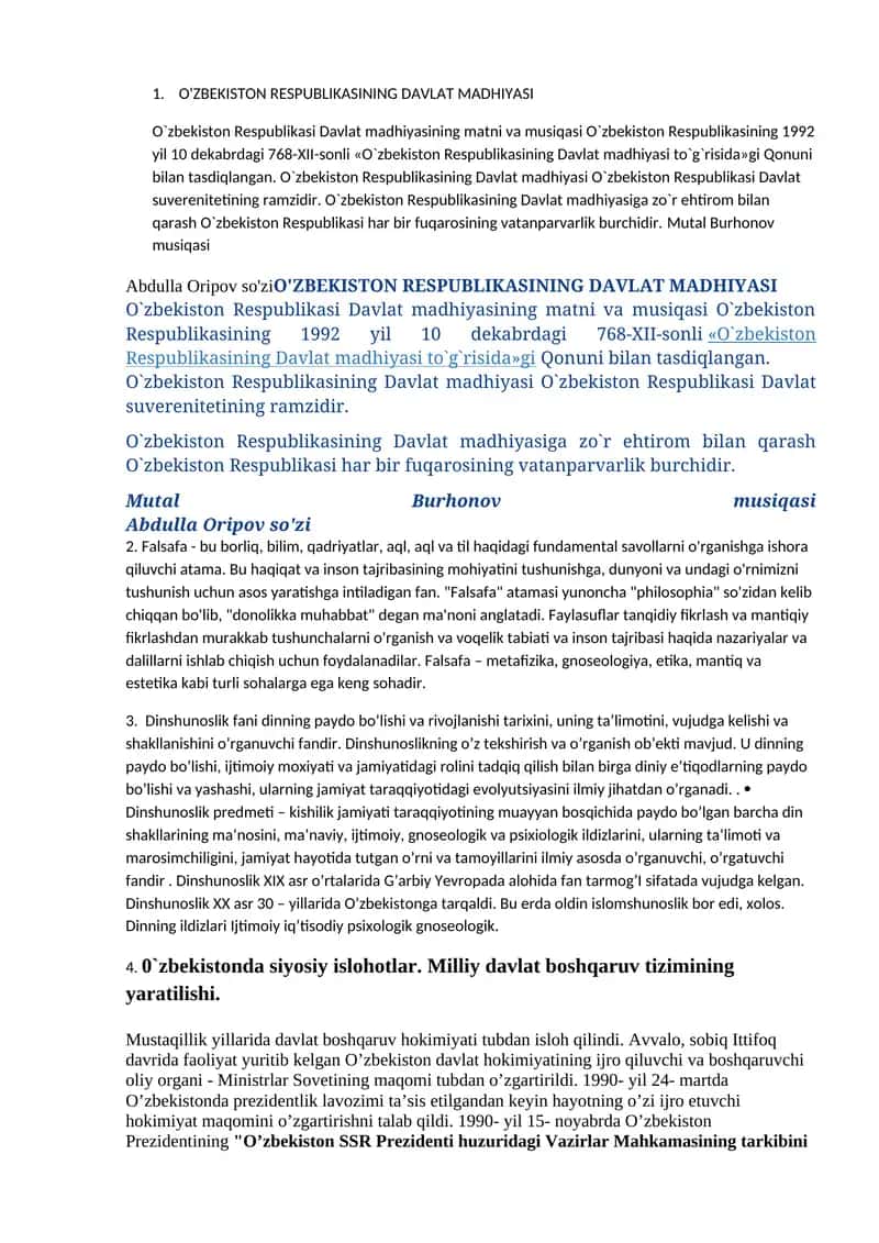 O'ZBEKISTON RESPUBLIKASINING DAVLAT MADHIYASI