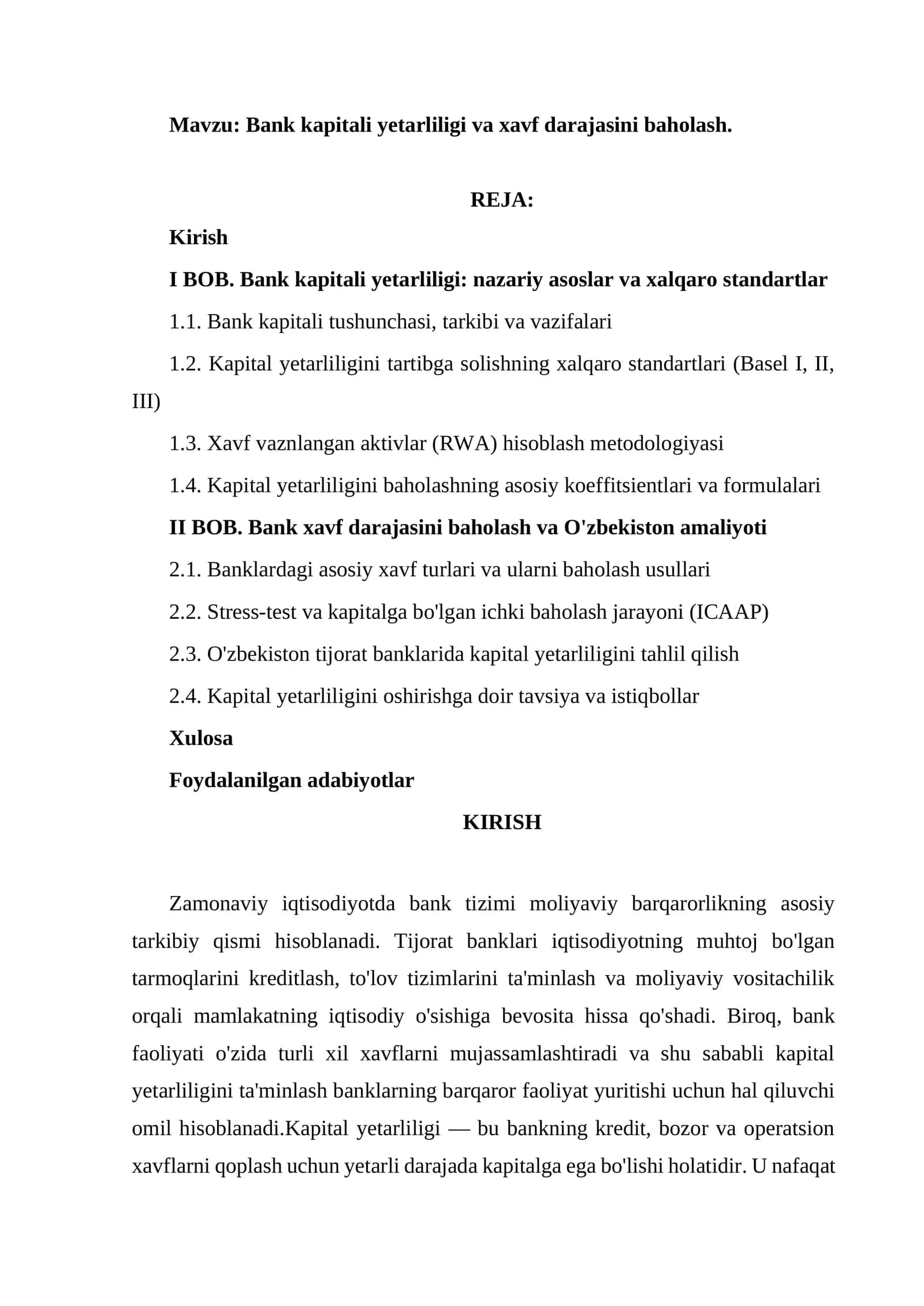 Bank kapitali yetarliligi va xavf darajasini baholash