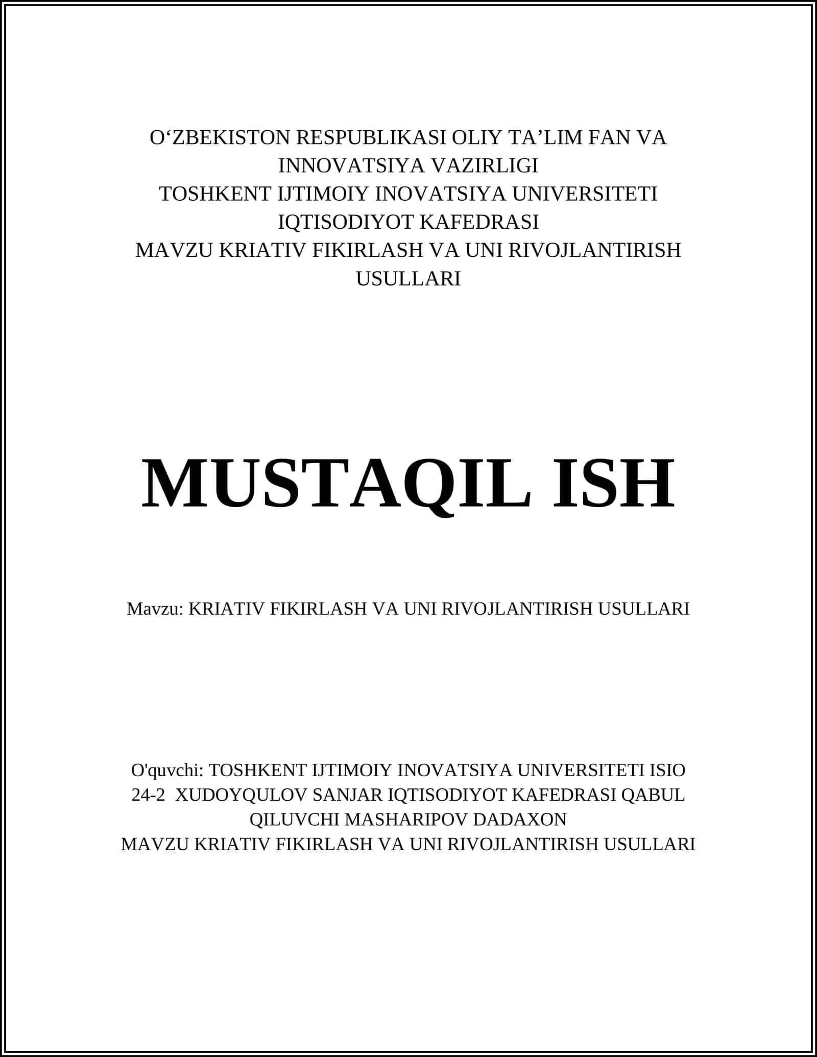 KRIATIV FIKIRLASH VA UNI RIVOJLANTIRISH USULLARI