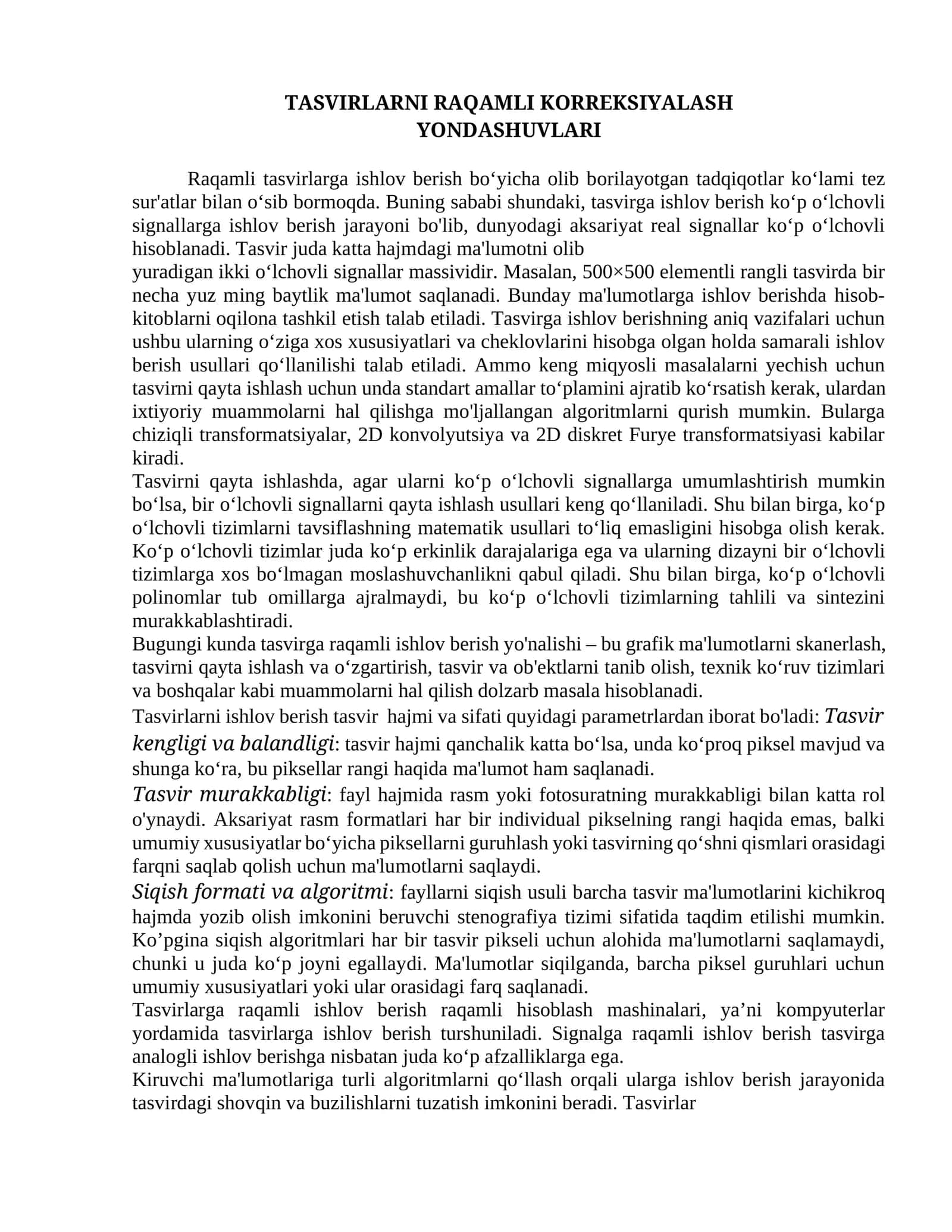 TASVIRLARNI RAQAMLI KORREKSIYALASH YONDASHUVLARI