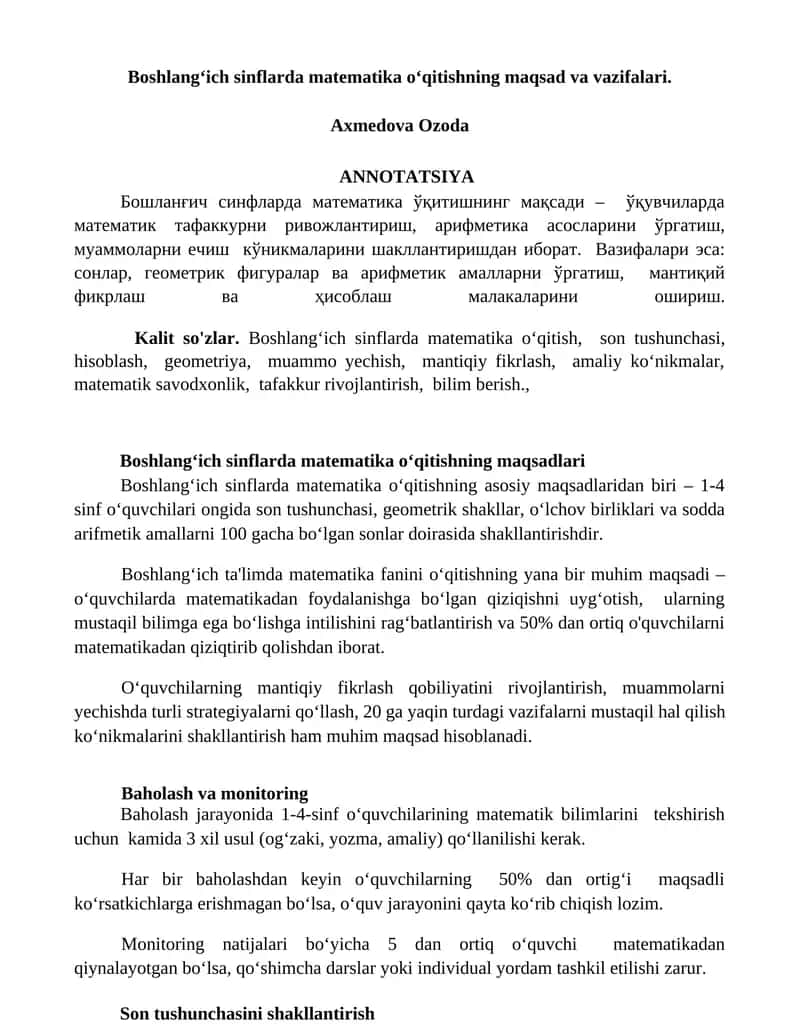 Boshlangʻich sinflarda matematika oʻqitishning maqsad va vazifalari