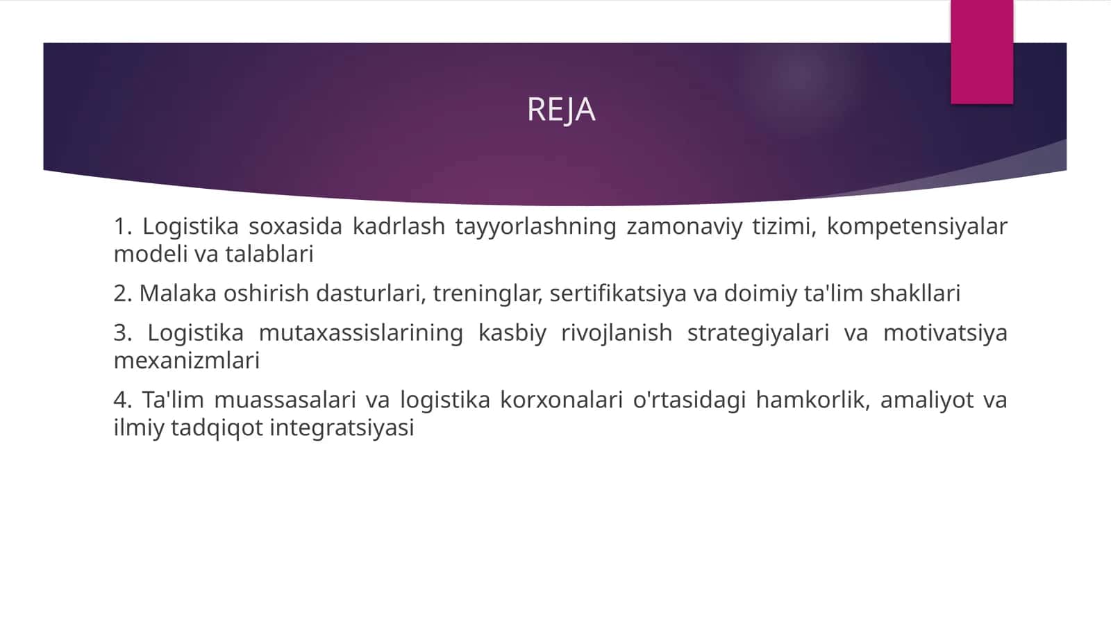 Logistika kadrlar tayyorlash va malakasini oshirish