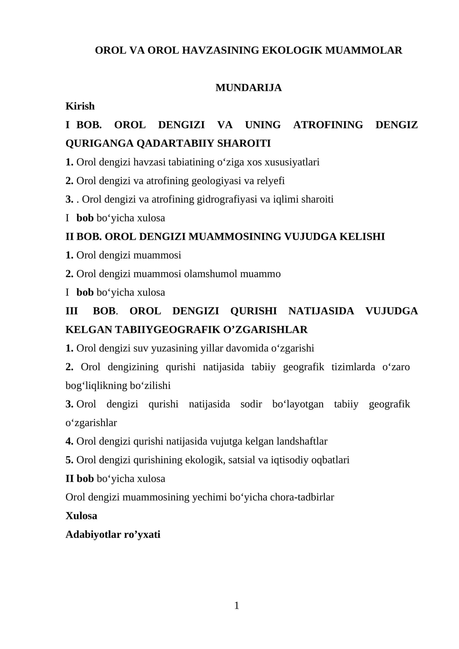 OROL VA OROL HAVZASINING EKOLOGIK MUAMMOLAR