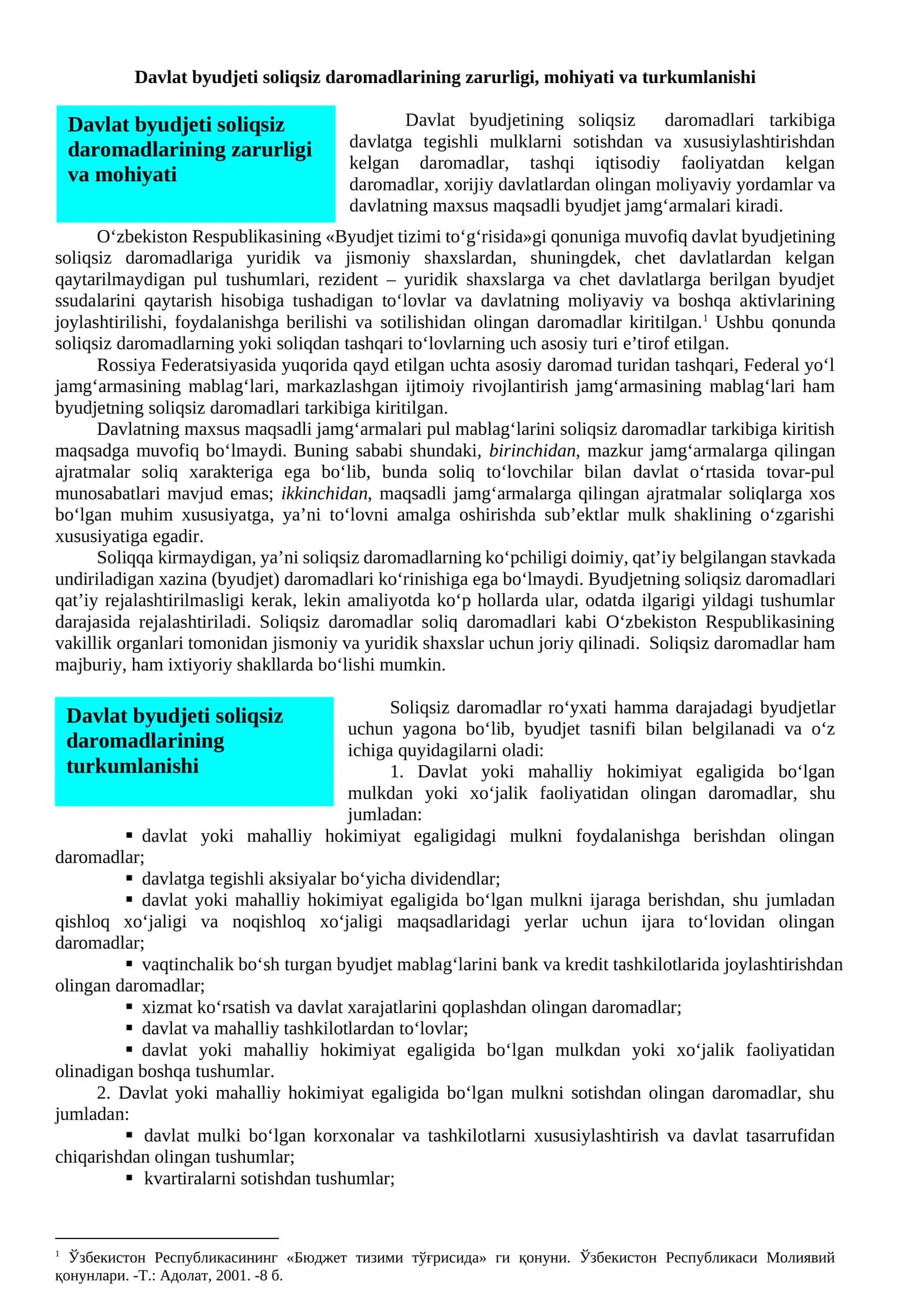 Davlat byudjeti soliqsiz daromadlarining zarurligi, mohiyati va turkumlanishi