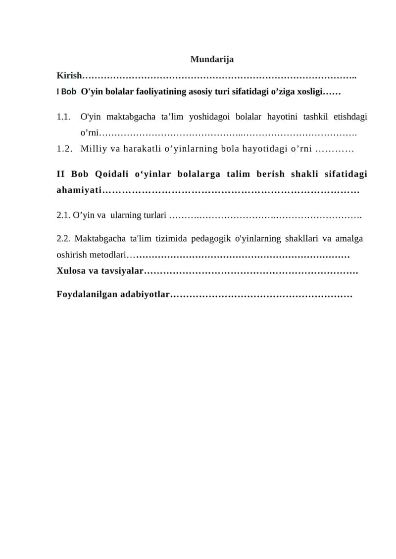 O`YIN VA O`YINLARNI TASHKIL ETISH METODIKASI