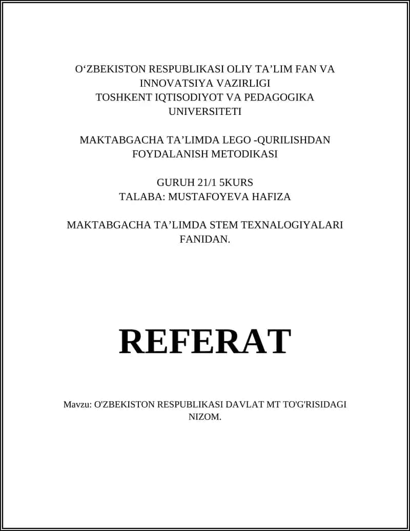O'ZBEKISTON RESPUBLIKASI DAVLAT MT TO'G'RISIDAGI NIZOM