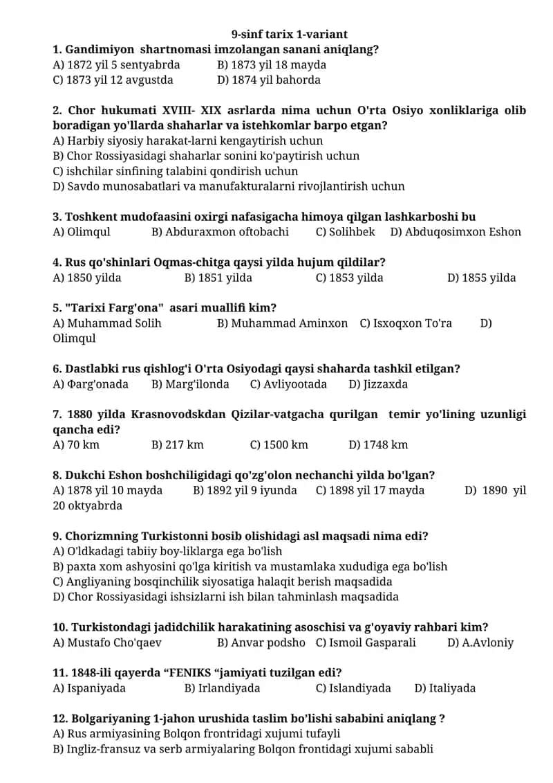 9-sinf tarix 1-variant