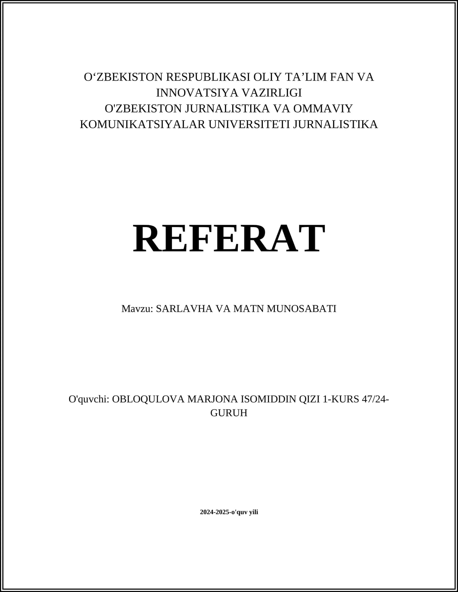 SARLAVHA VA MATN MUNOSABATI