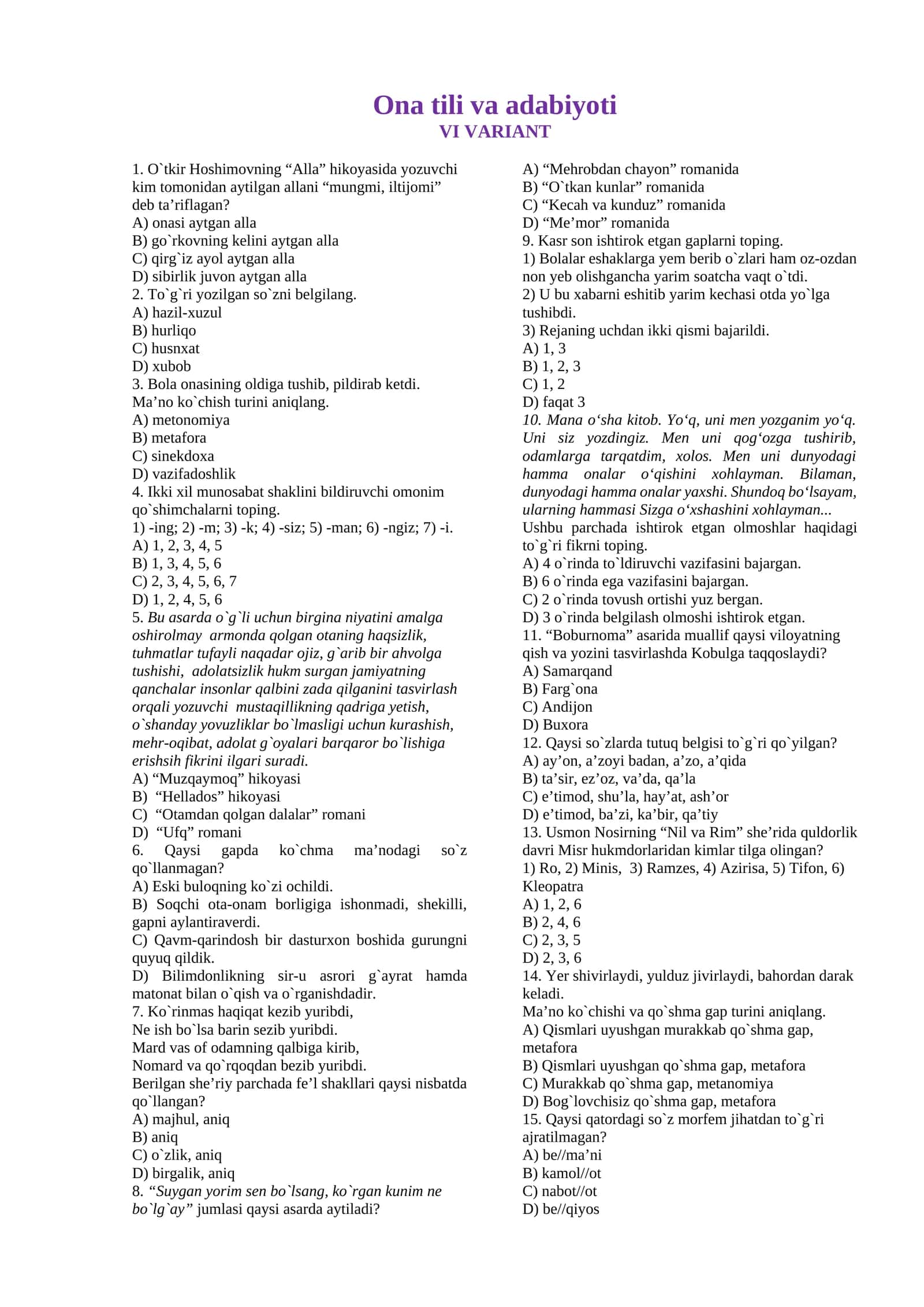 Ona tili va adabiyoti-VI VARIANT