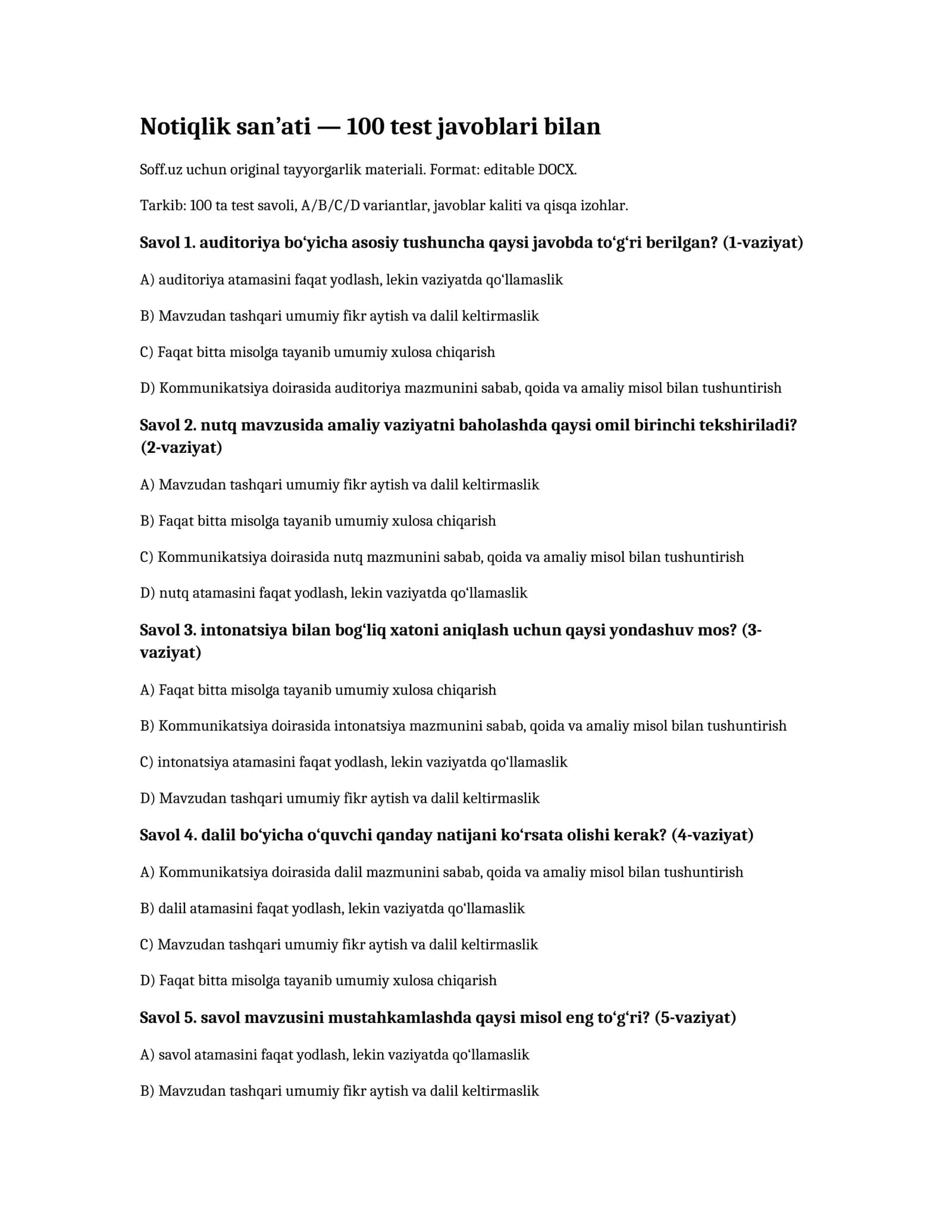 Notiqlik san’ati — 100 test javoblari bilan