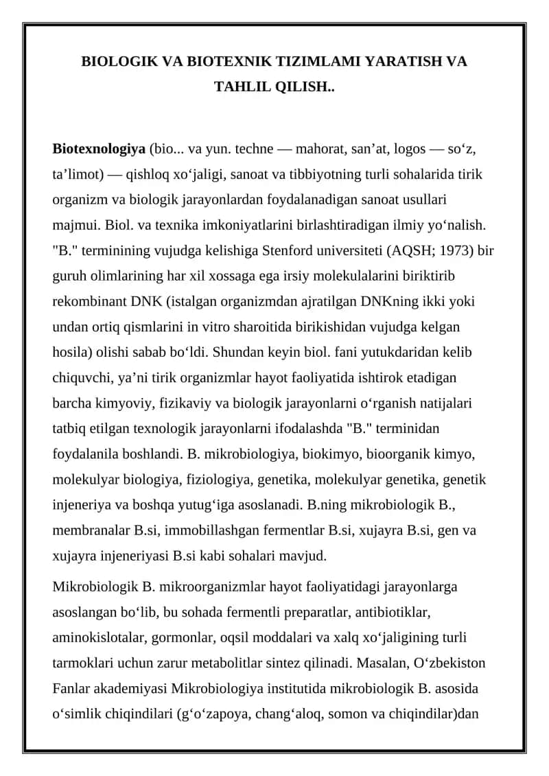 BIOLOGIK VA BIOTEXNIK TIZIMLAMI YARATISH VA TAHLIL QILISH