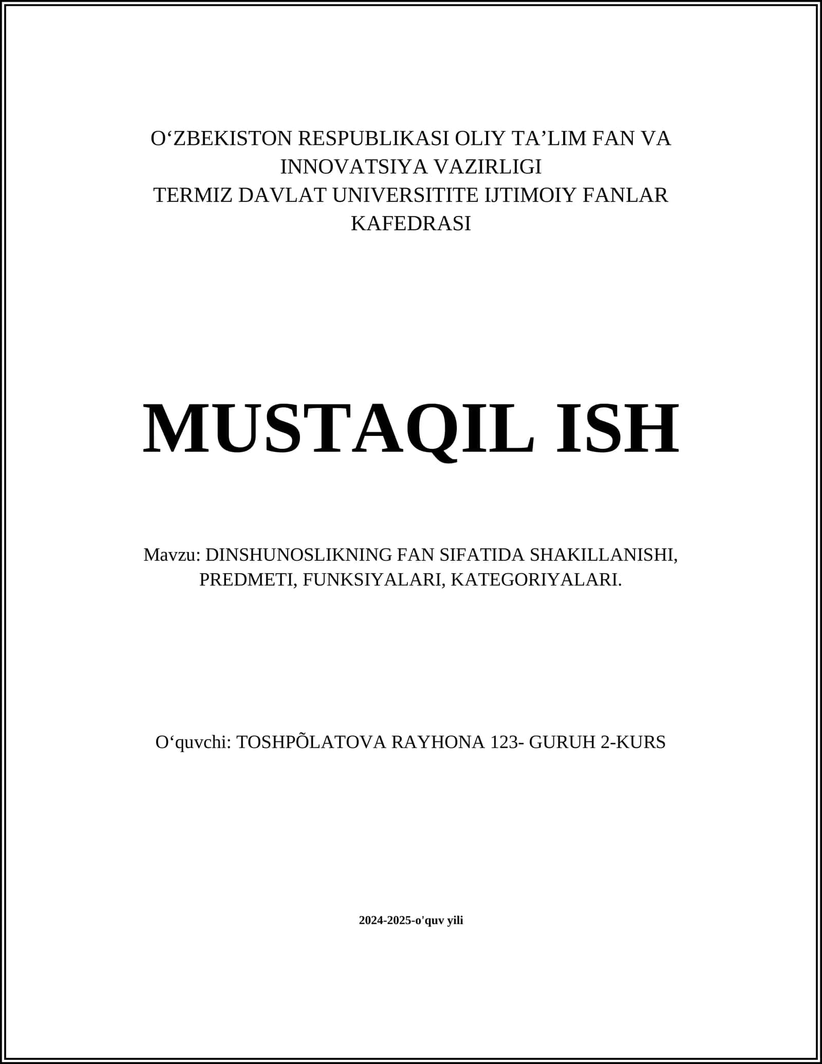 DINSHUNOSLIKNING FAN SIFATIDA SHAKILLANISHI, PREDMETI, FUNKSIYALARI, KATEGORIYALARI