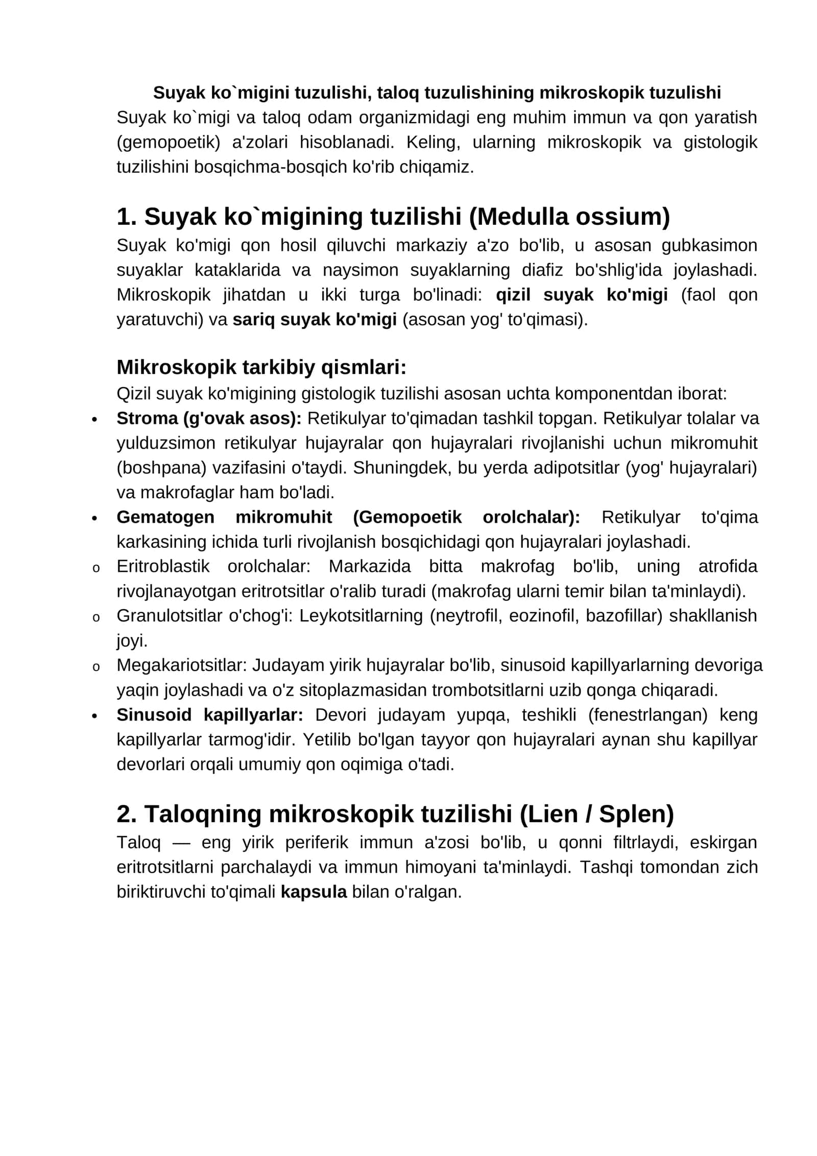 Suyak ko`migini va taloq tuzulishi