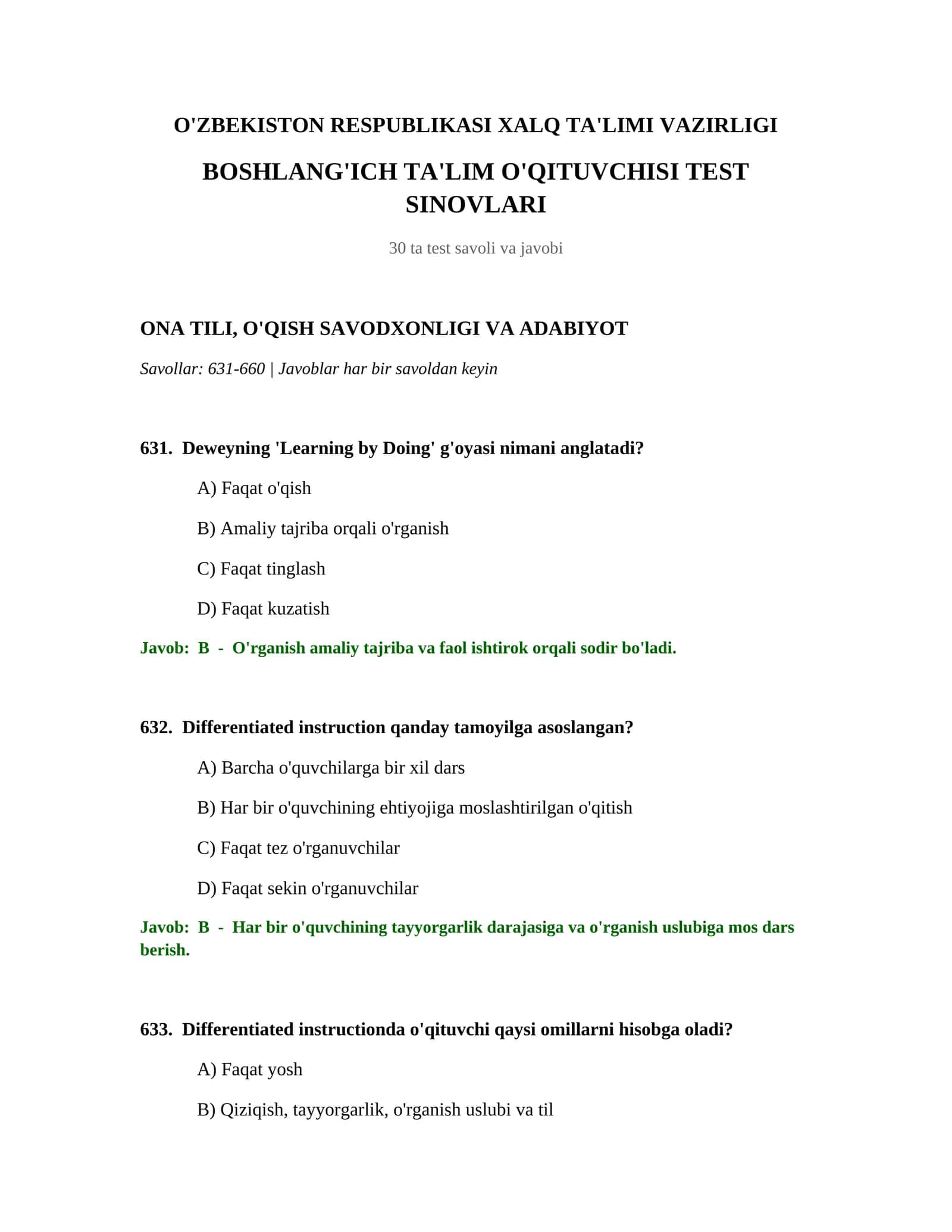 BOSHLANG'ICH TA'LIM O'QITUVCHISI TEST SINOVLARI