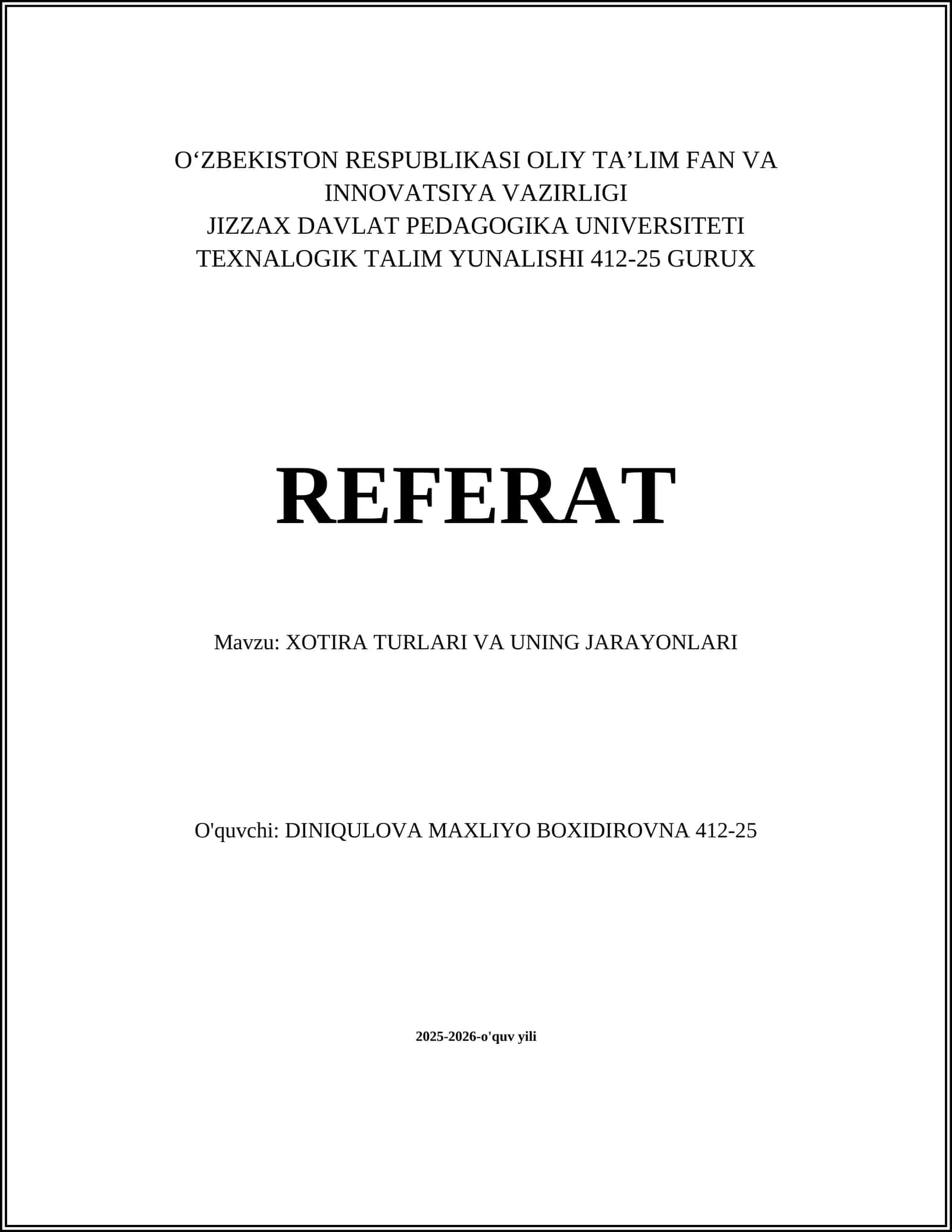 XOTIRA TURLARI VA UNING JARAYONLARI