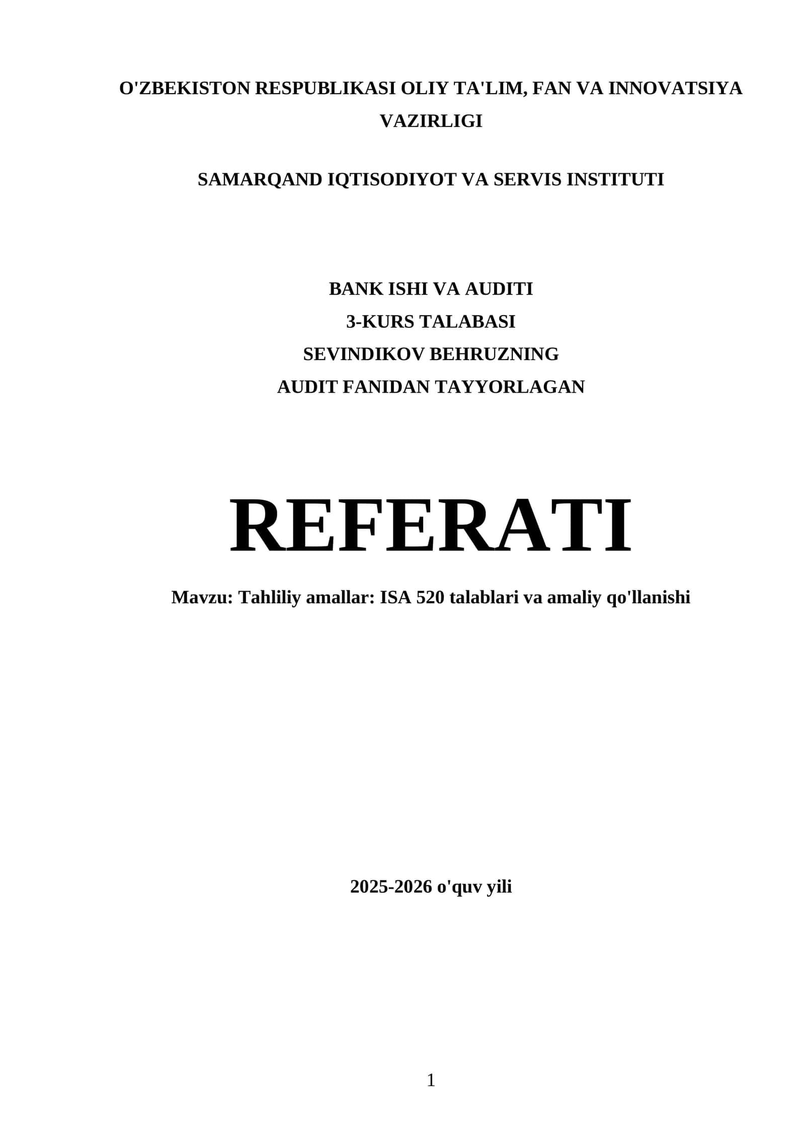 ISA 520 talablari va amaliy qo'llanishi REFERATI
