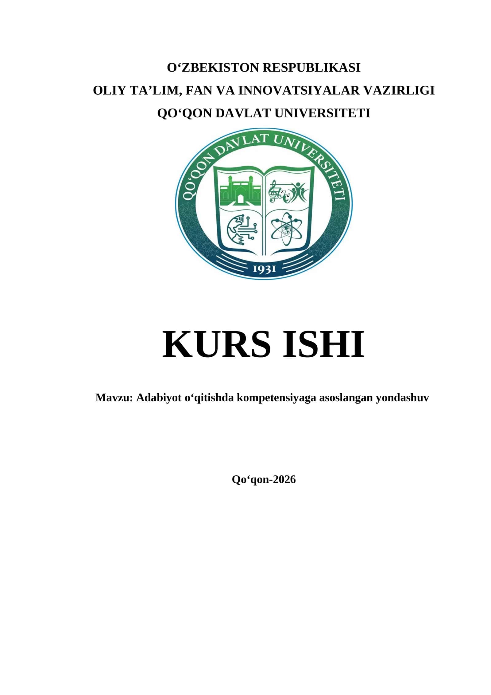 Mavzu: Adabiyot o‘qitishda kompetensiyaga asoslangan yondashuv KURS ISHI