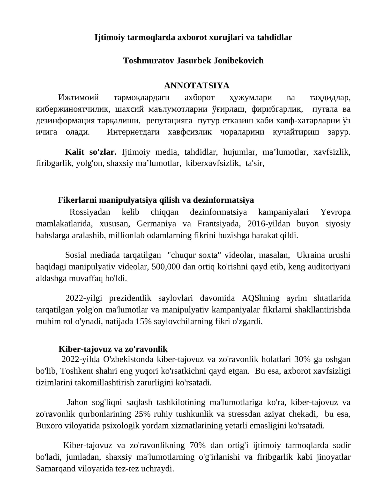Ijtimoiy tarmoqlarda axborot xurujlari va tahdidlar