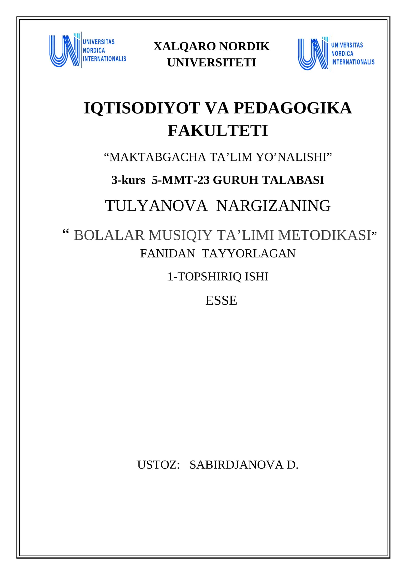 BOLALAR MUSIQIY TA’LIMI METODIKASI