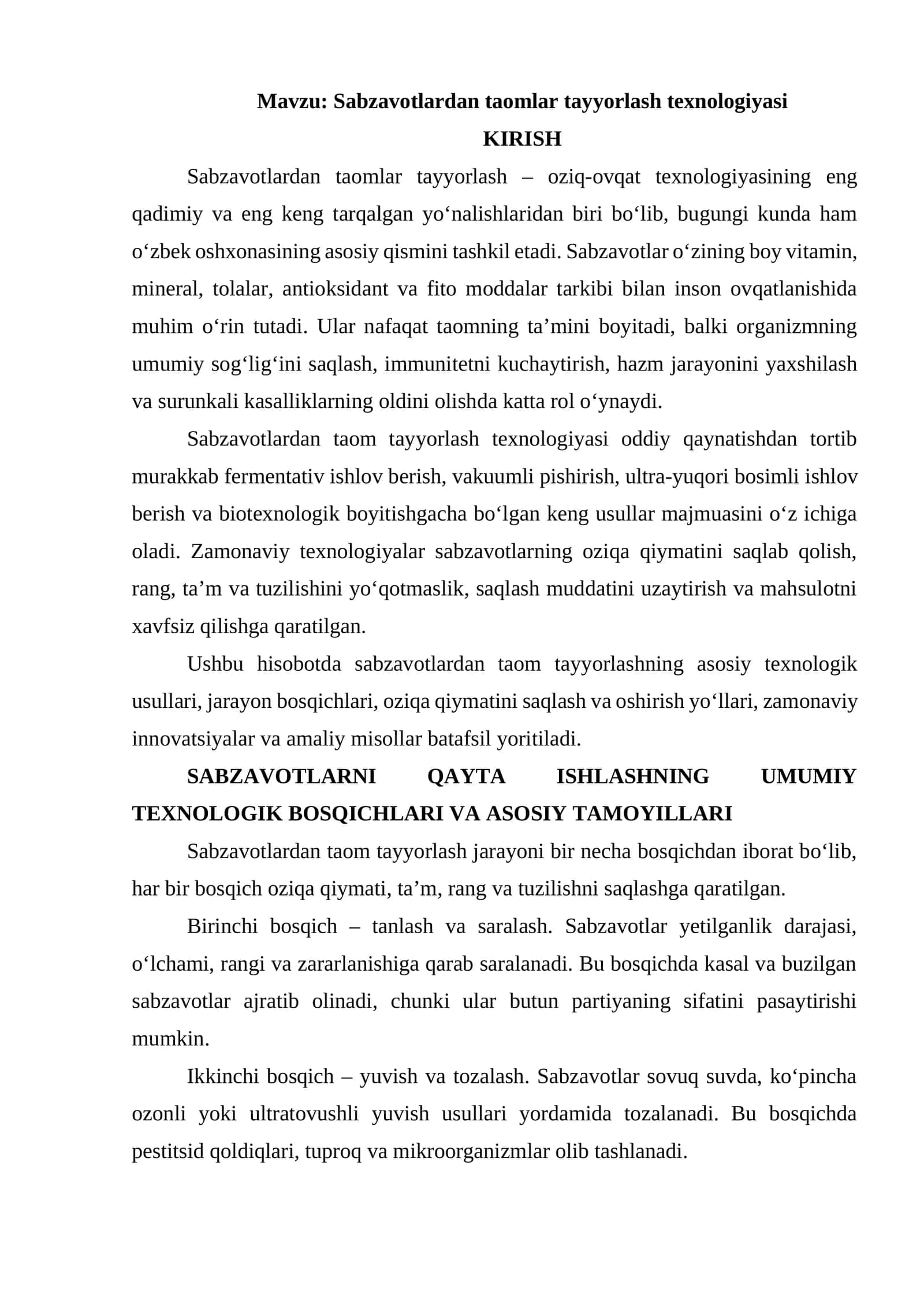 Sabzavotlardan taomlar tayyorlash texnologiyasi
