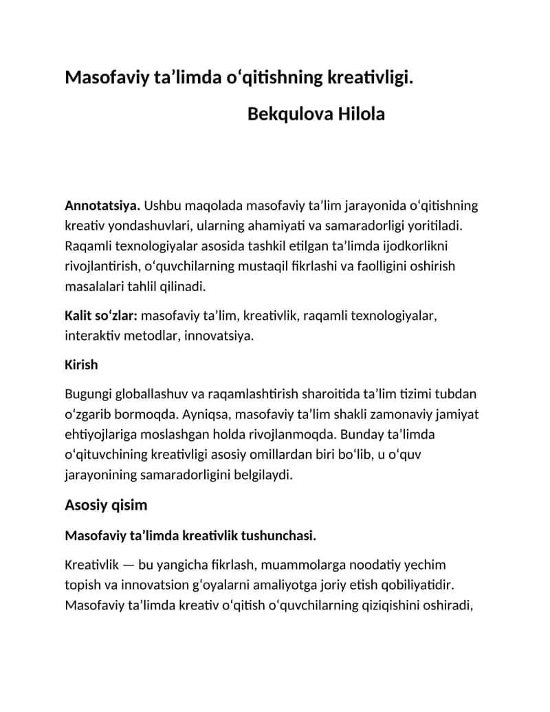 Masofaviy ta’limda o‘qitishning kreativligi