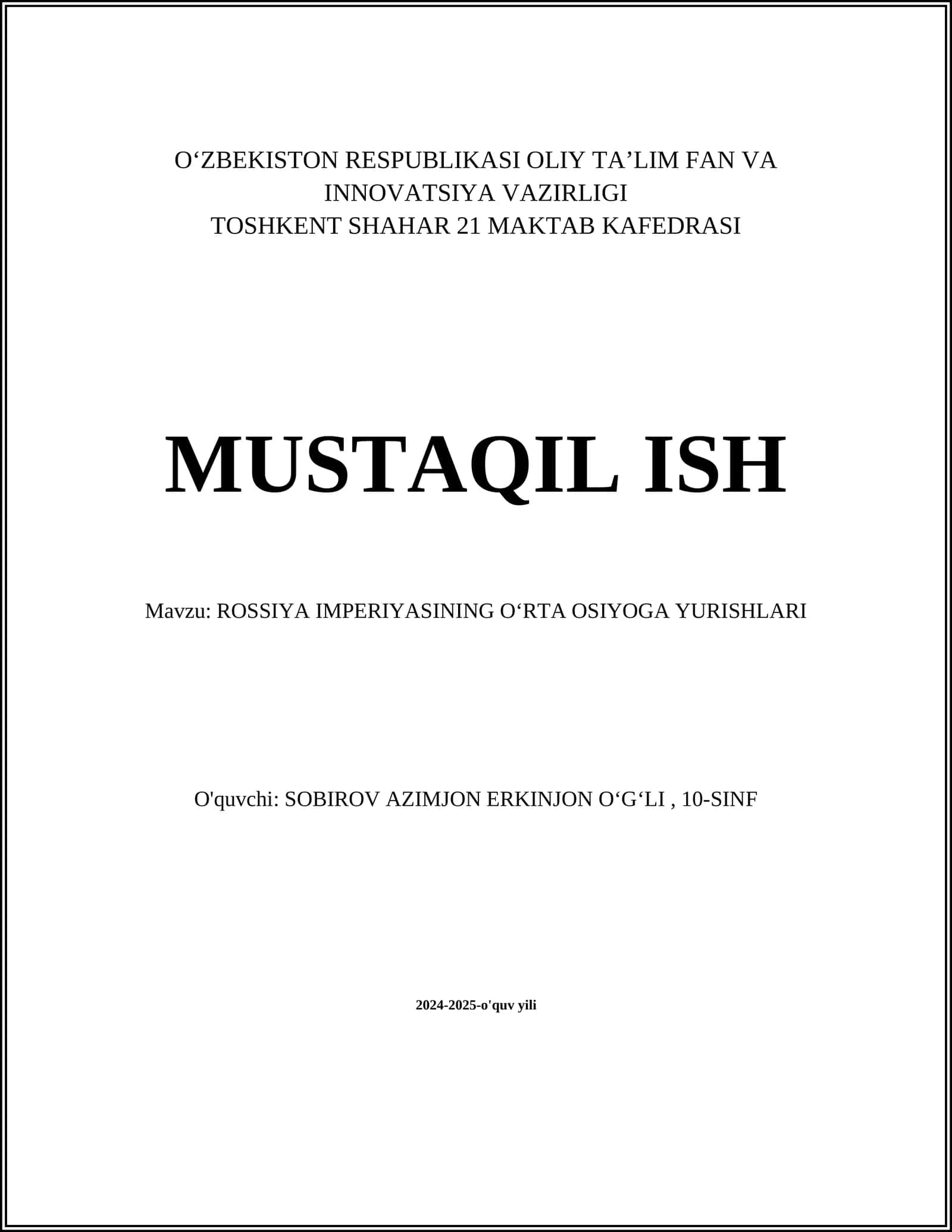 ROSSIYA IMPERIYASINING OʻRTA OSIYOGA YURISHLARI
