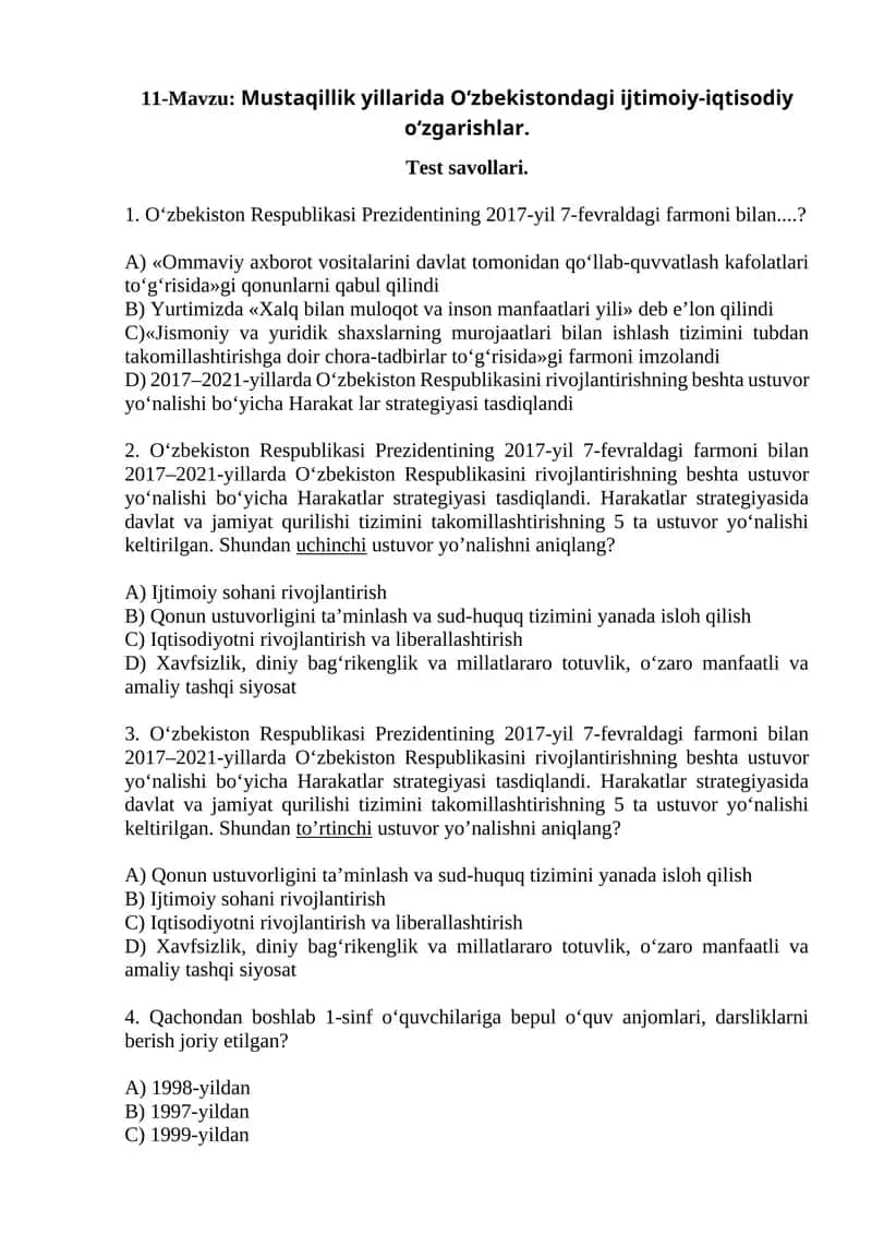 Mustaqillik yillarida O‘zbekistondagi ijtimoiy-iqtisodiy o‘zgarishlar. Test savollari.