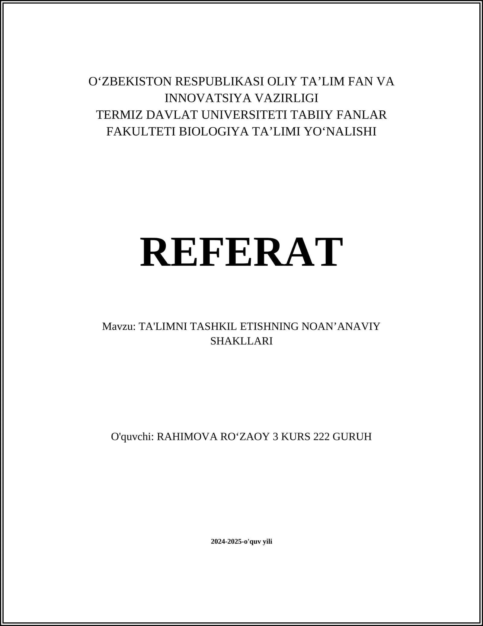 TA'LIMNI TASHKIL ETISHNING NOANʼANAVIY SHAKLLARI