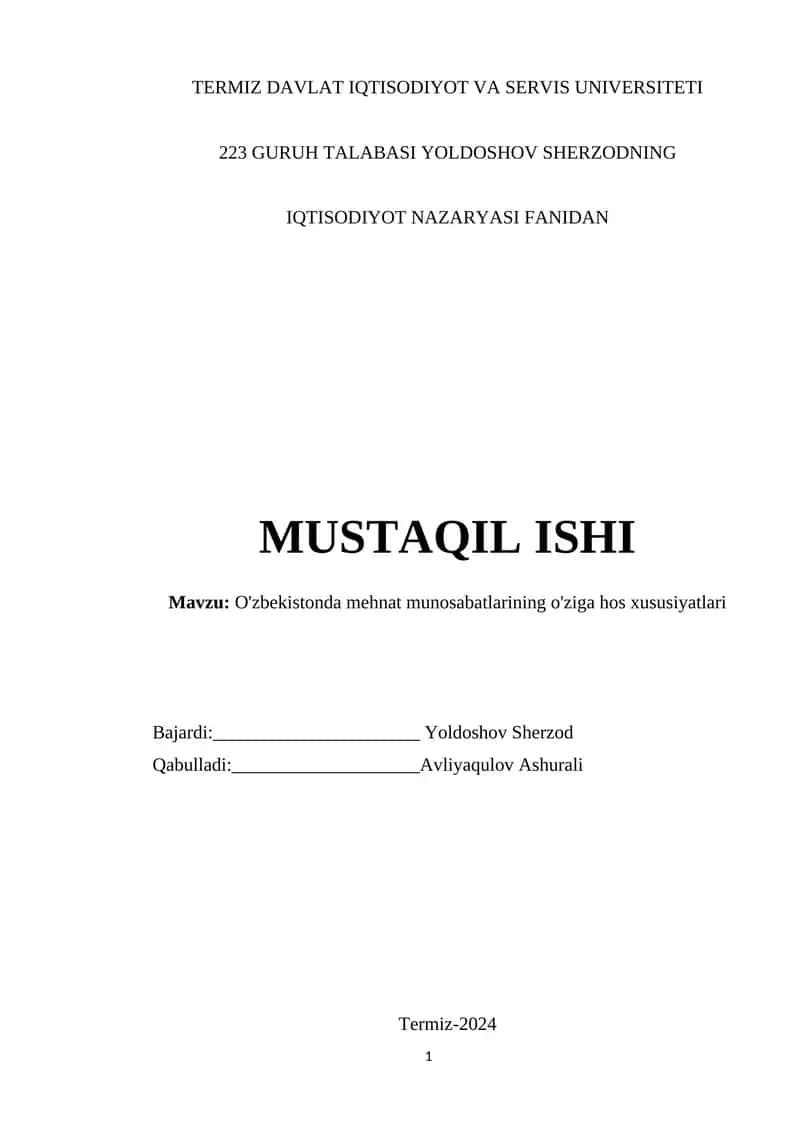 O'zbekistonda mehnat munosabatlarining o'ziga hos xususiyatlari
