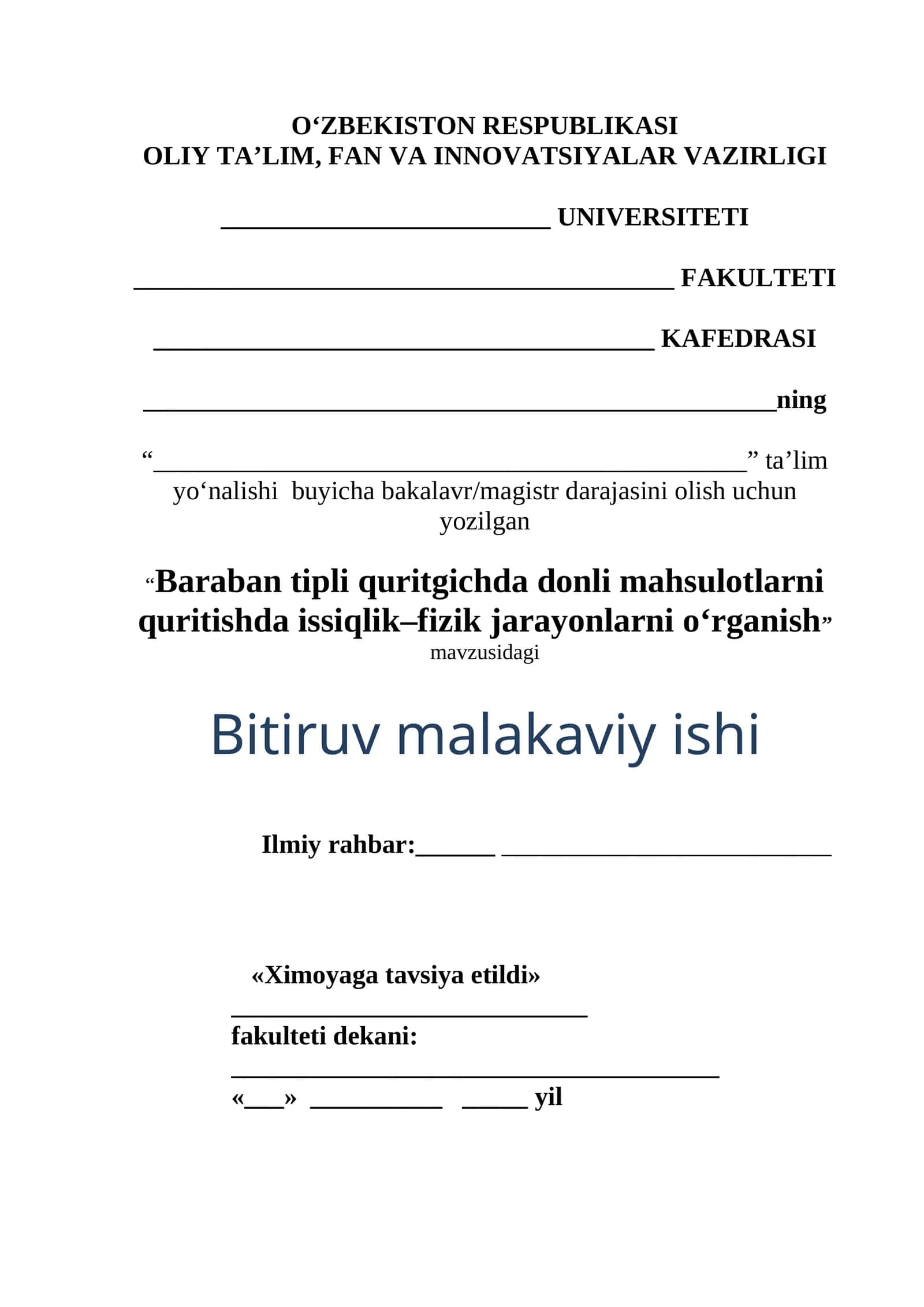 Baraban tipli quritgichda donli mahsulotlarni quritishda issiqlik–fizik jarayonlarni o‘rganish