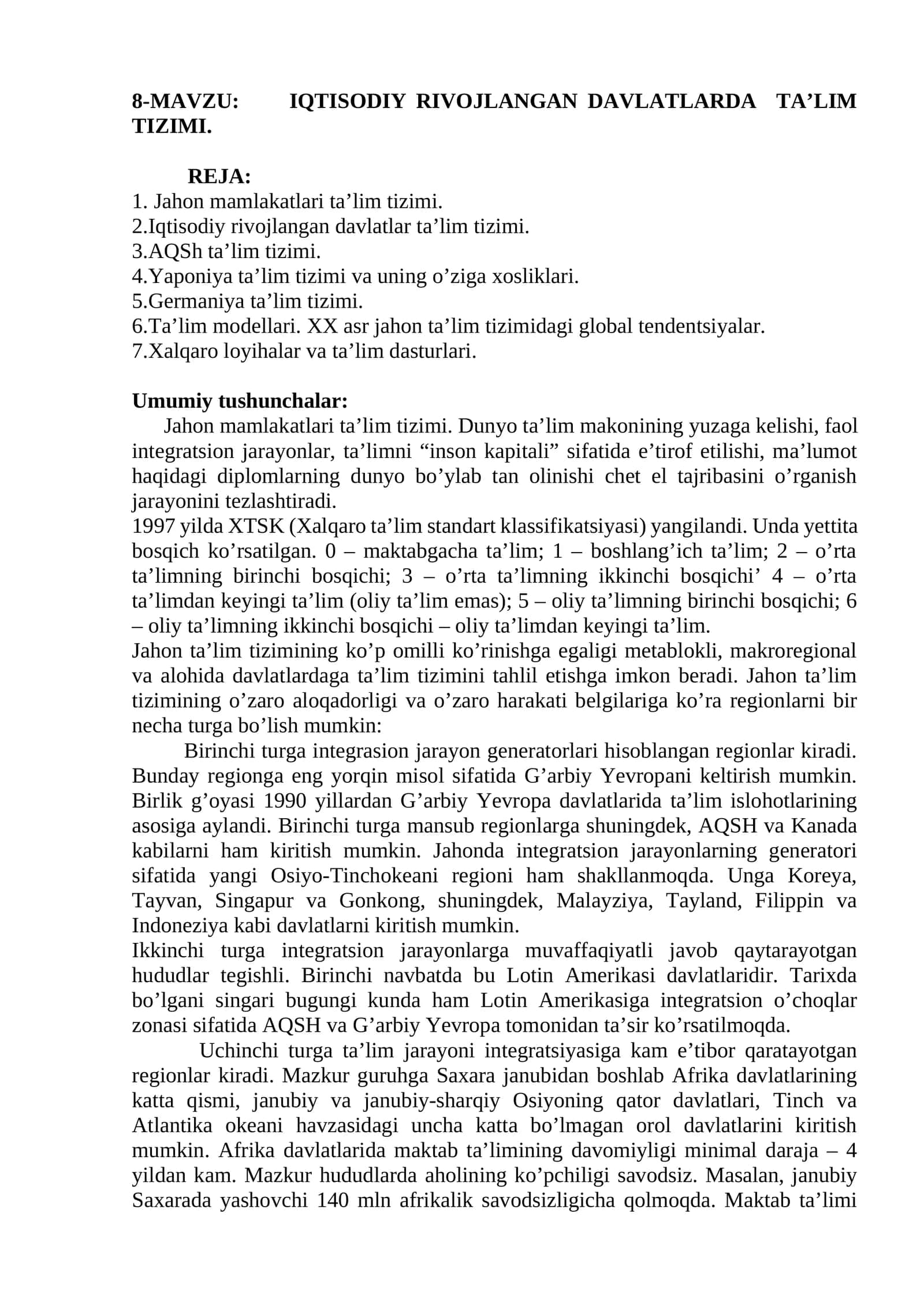 IQTISODIY RIVOJLANGAN DAVLATLARDA TA’LIM TIZIMI