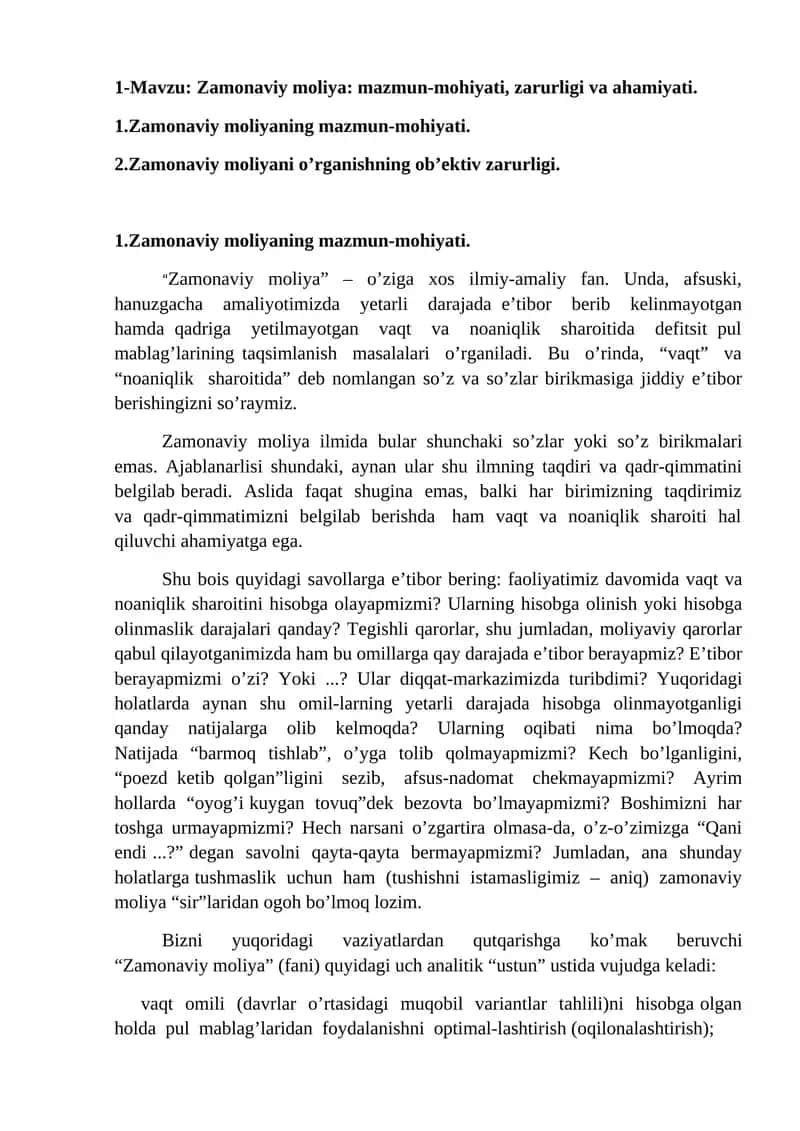 Zamonaviy moliya: mazmun-mohiyati, zarurligi va ahamiyati