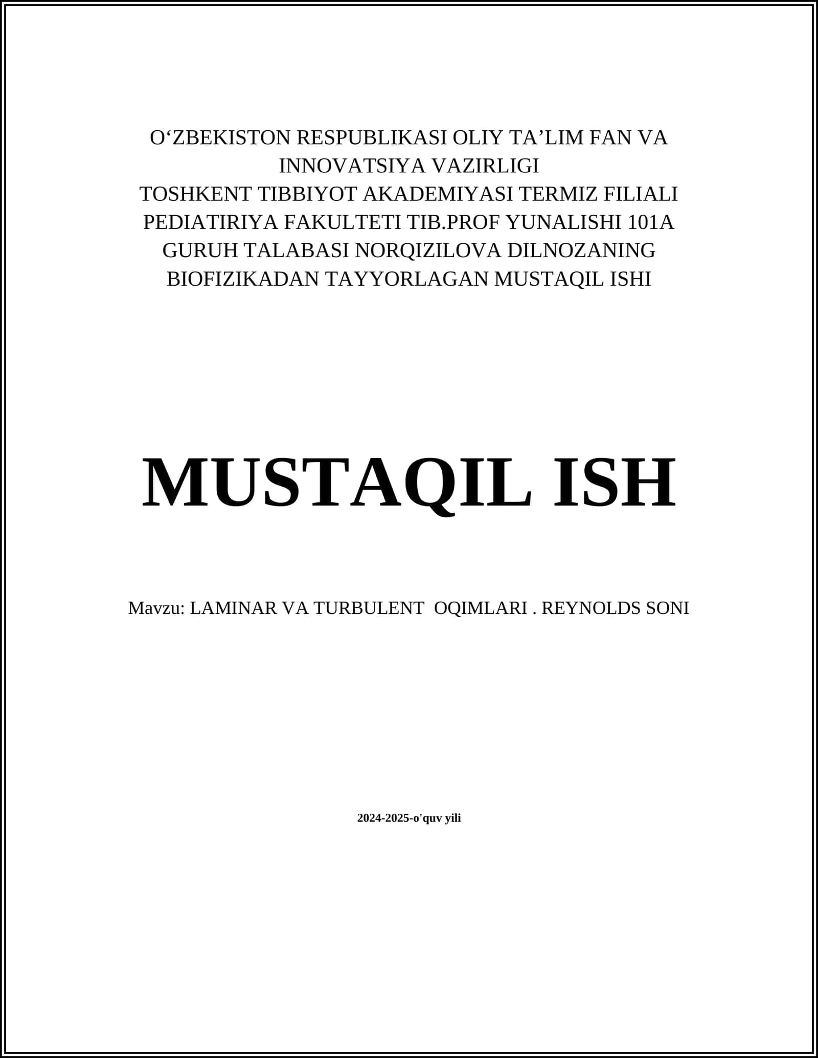 BIOFIZIKADAN TAYYORLAGAN MUSTAQIL ISHI