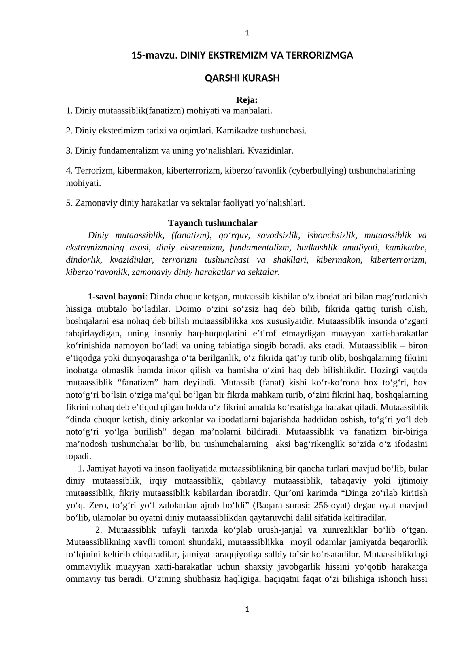 15-mavzu. DINIY EKSTREMIZM VA TERRORIZMGA QARSHI KURASH