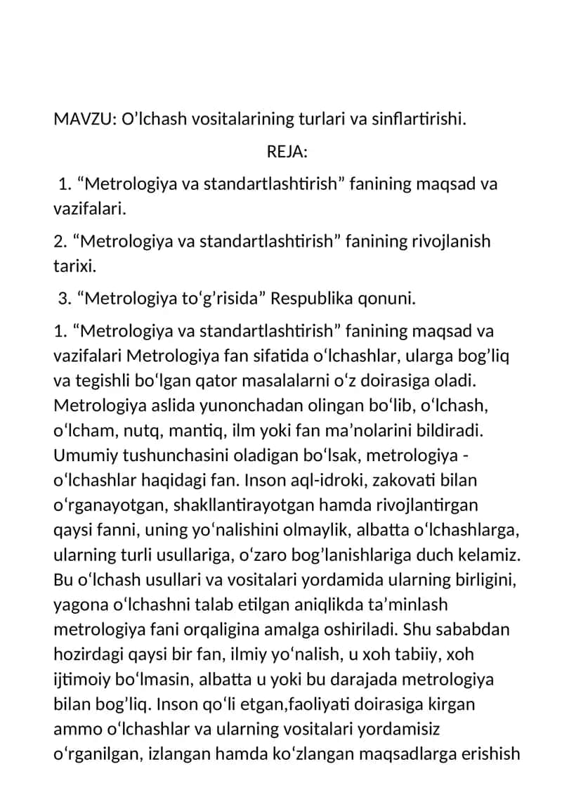 O’lchash vositalarining turlari va sinflartirishi