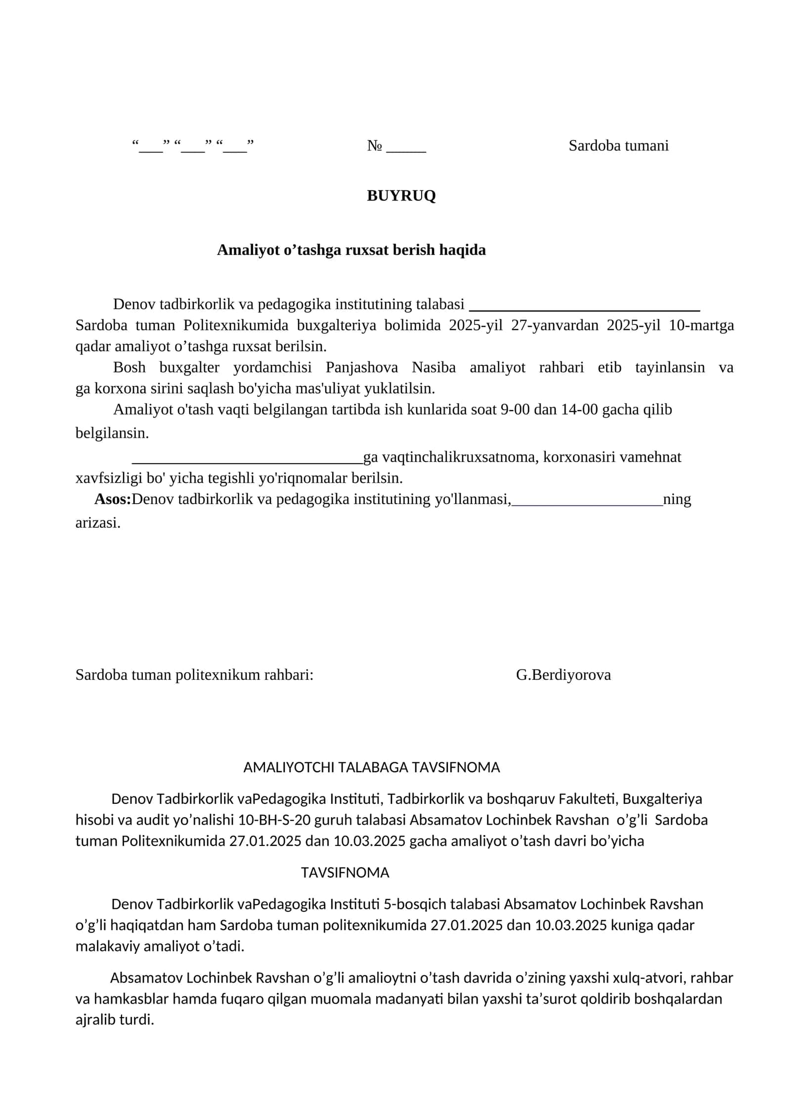 AMALIYOTCHI TALABAGA TAVSIFNOMA