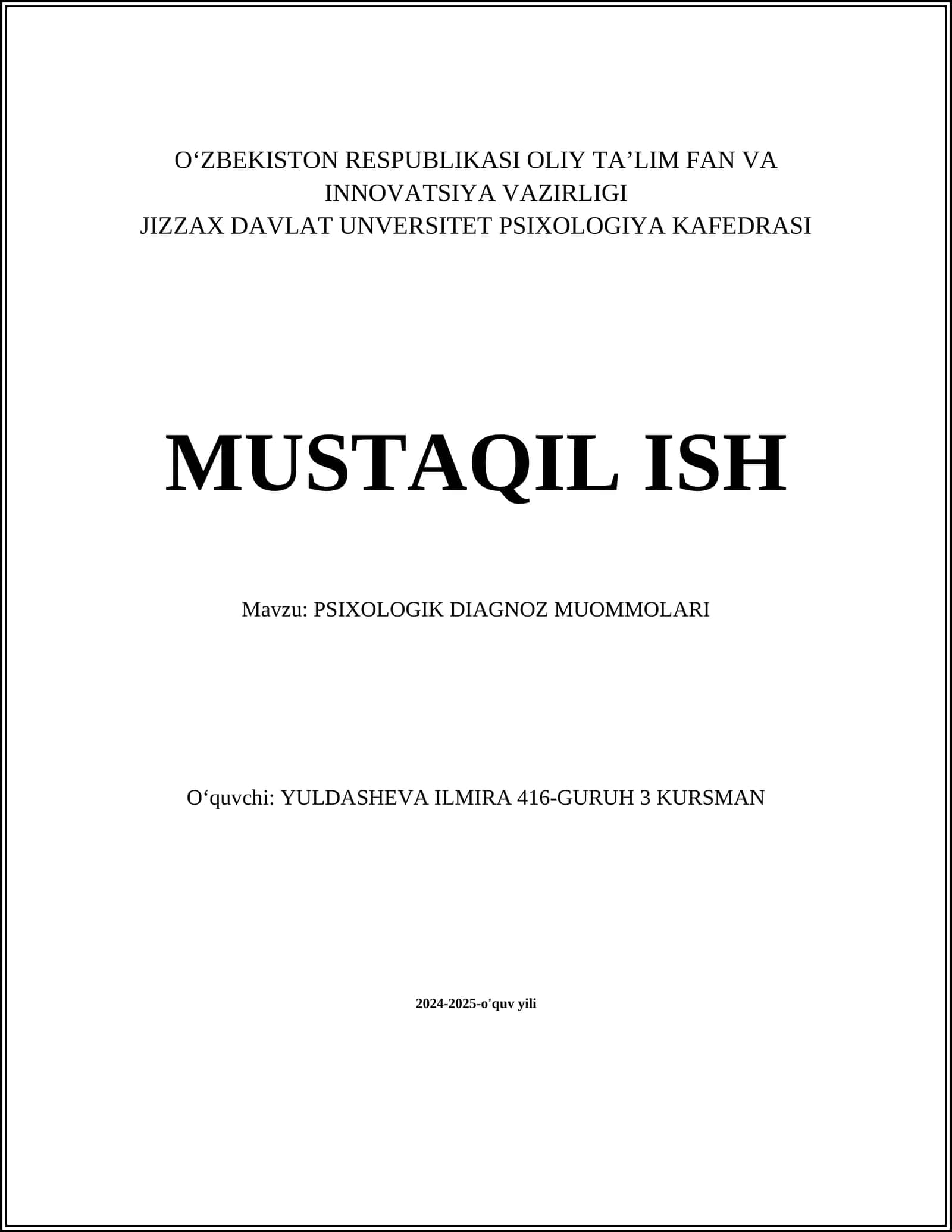 PSIXOLOGIK DIAGNOZ MUOMMOLARI